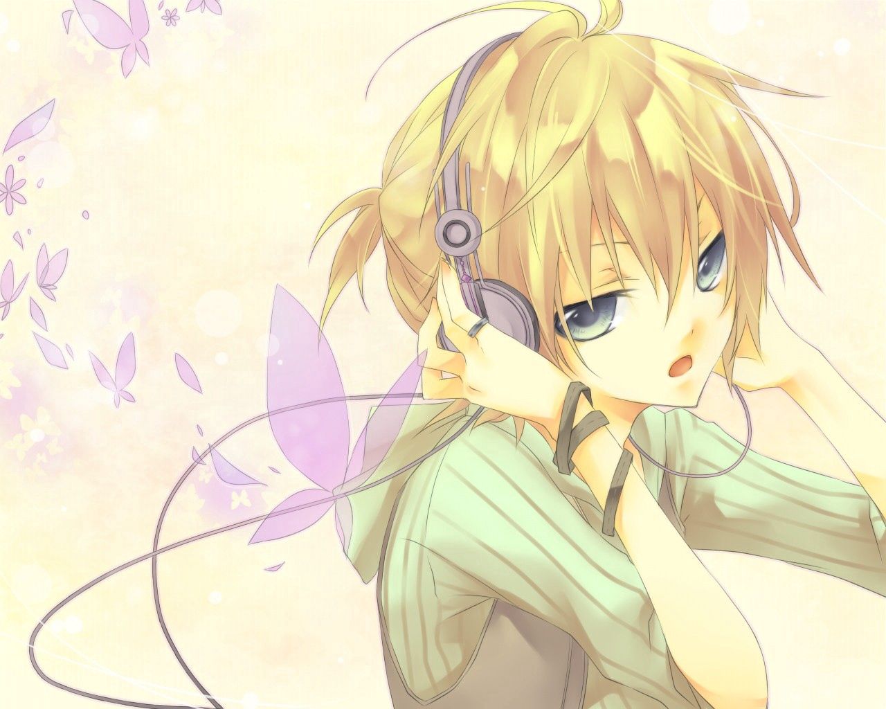 Download mobile wallpaper Butterfly, Blonde, Girl, Headphones, Anime for free.