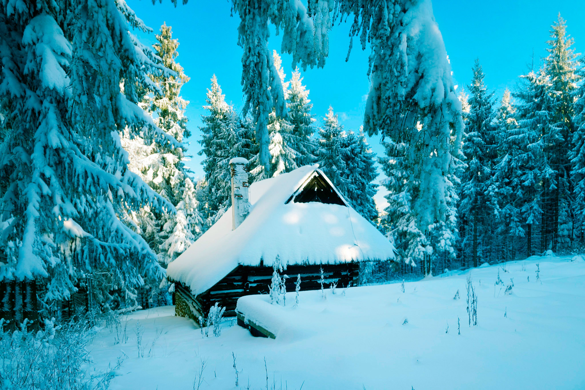 Download mobile wallpaper Lodge, Poland, Winter, Snow, Forest, Small House, Nature for free.