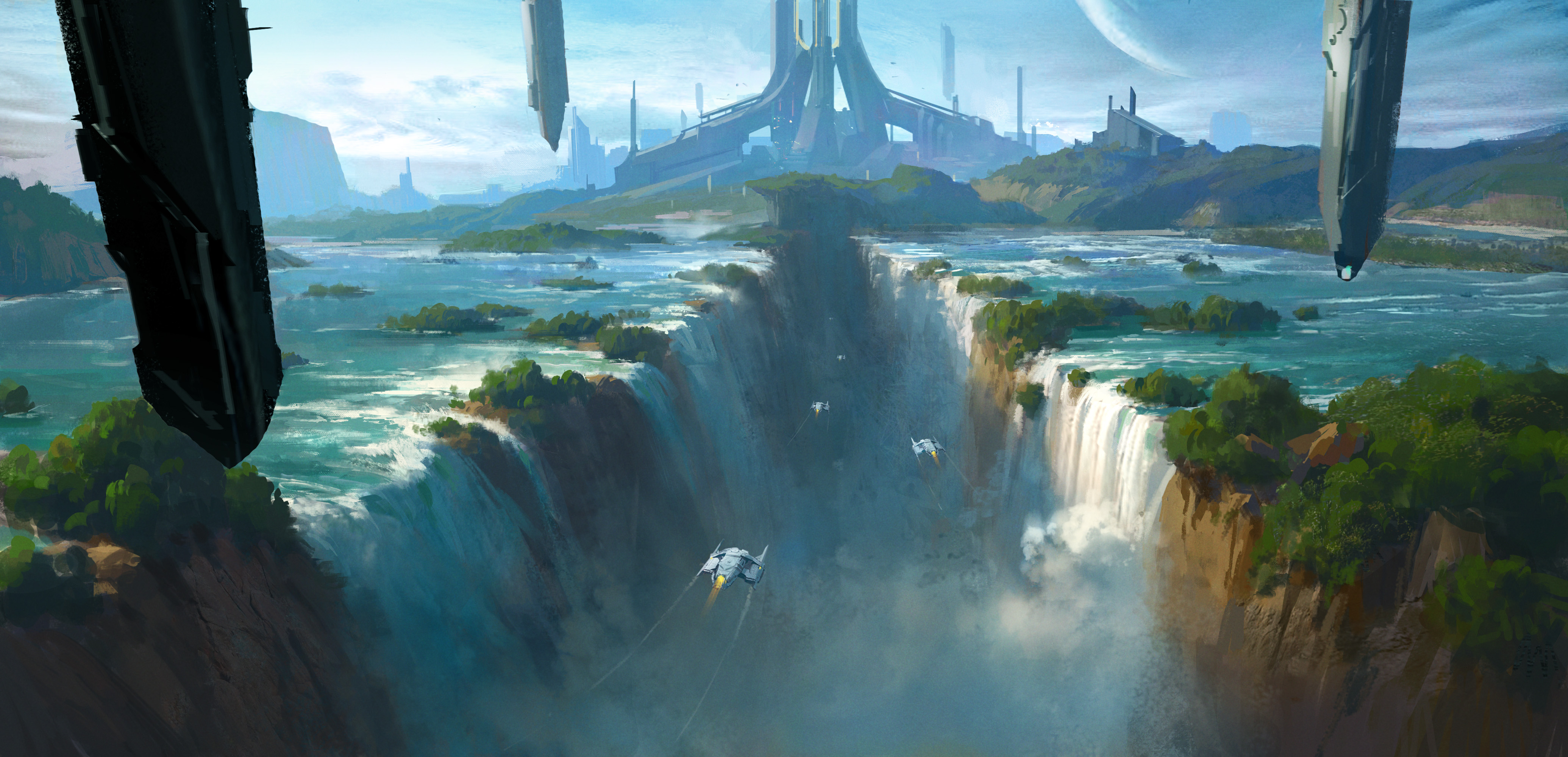 Download mobile wallpaper Landscape, City, Waterfall, Sci Fi for free.