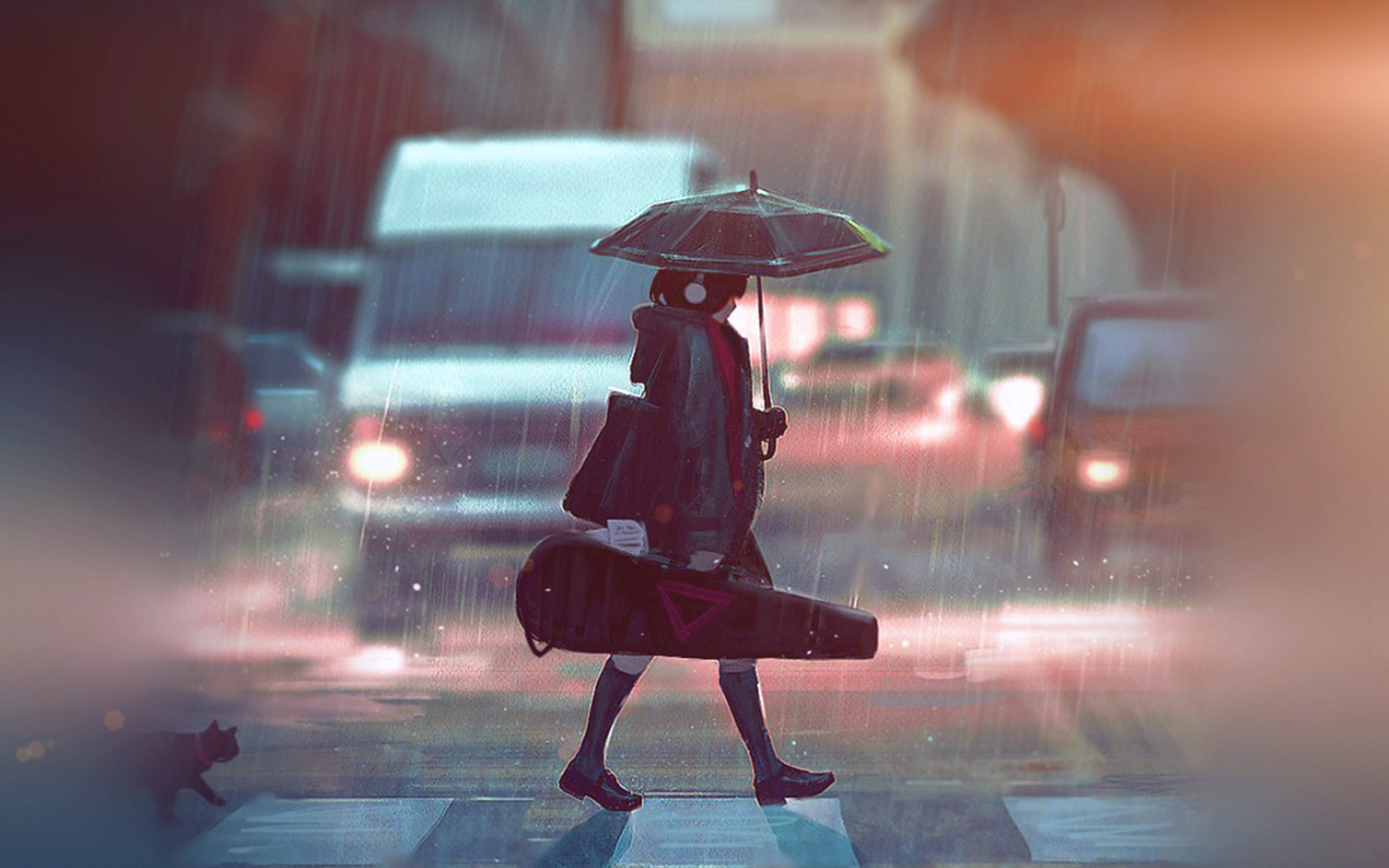 Download mobile wallpaper Anime, Rain, Umbrella, Violin, Original for free.