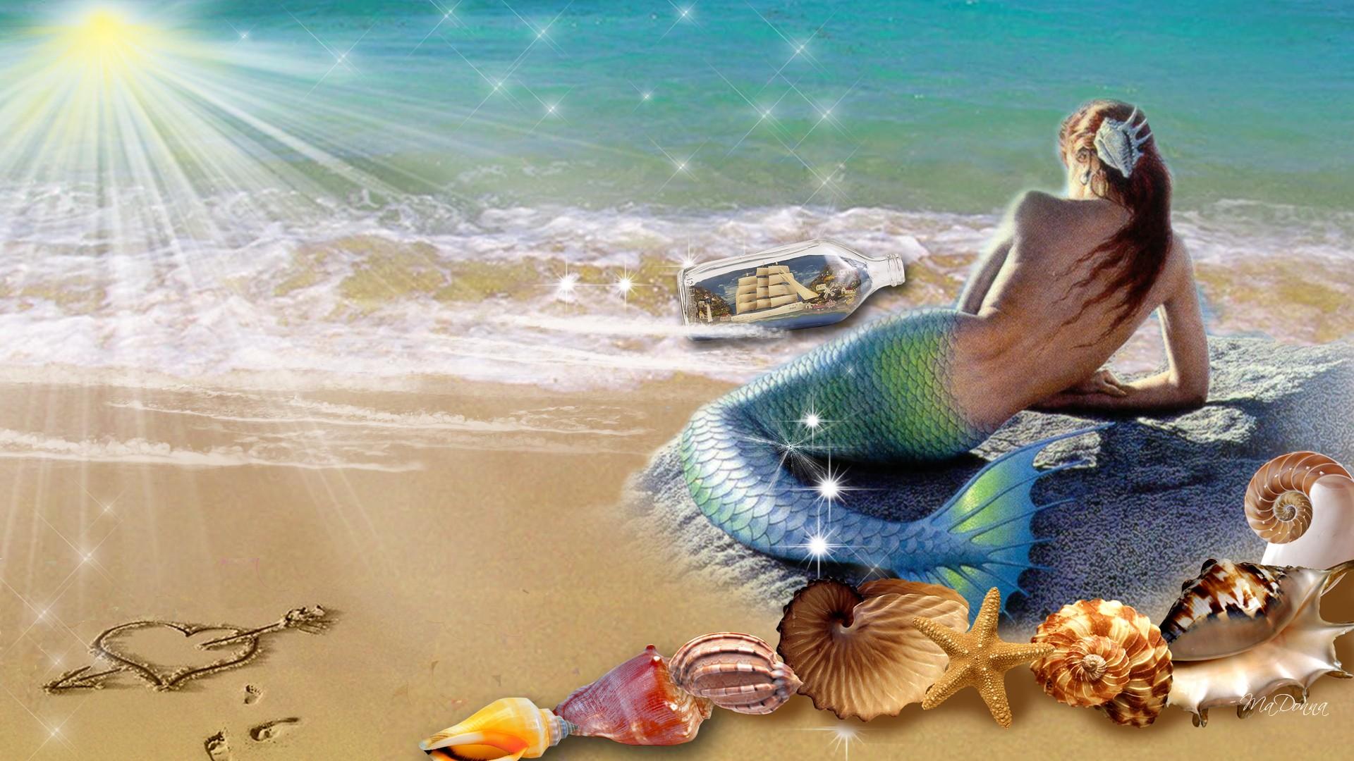 Free download wallpaper Fantasy, Beach, Sand, Heart, Shell, Mermaid on your PC desktop