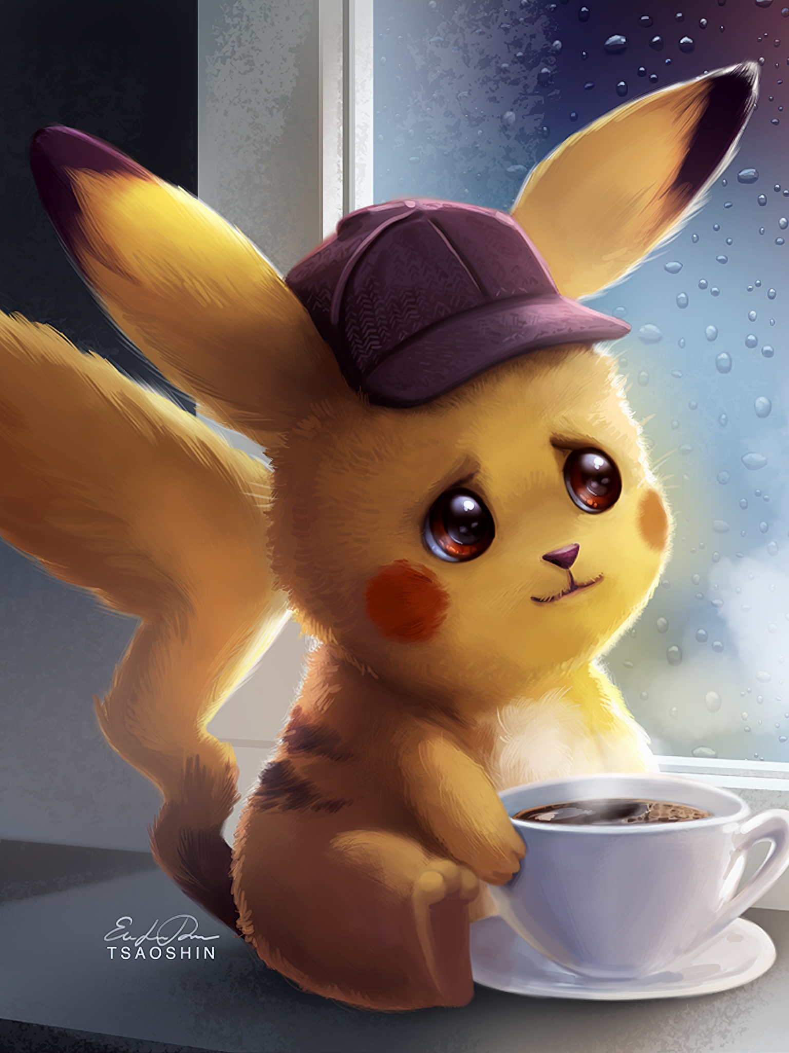 Handy-Wallpaper Tasse, Pokémon, Hut, Pikachu, Filme, Kaffee, Pokémon: Meisterdetektiv Pikachu kostenlos herunterladen.
