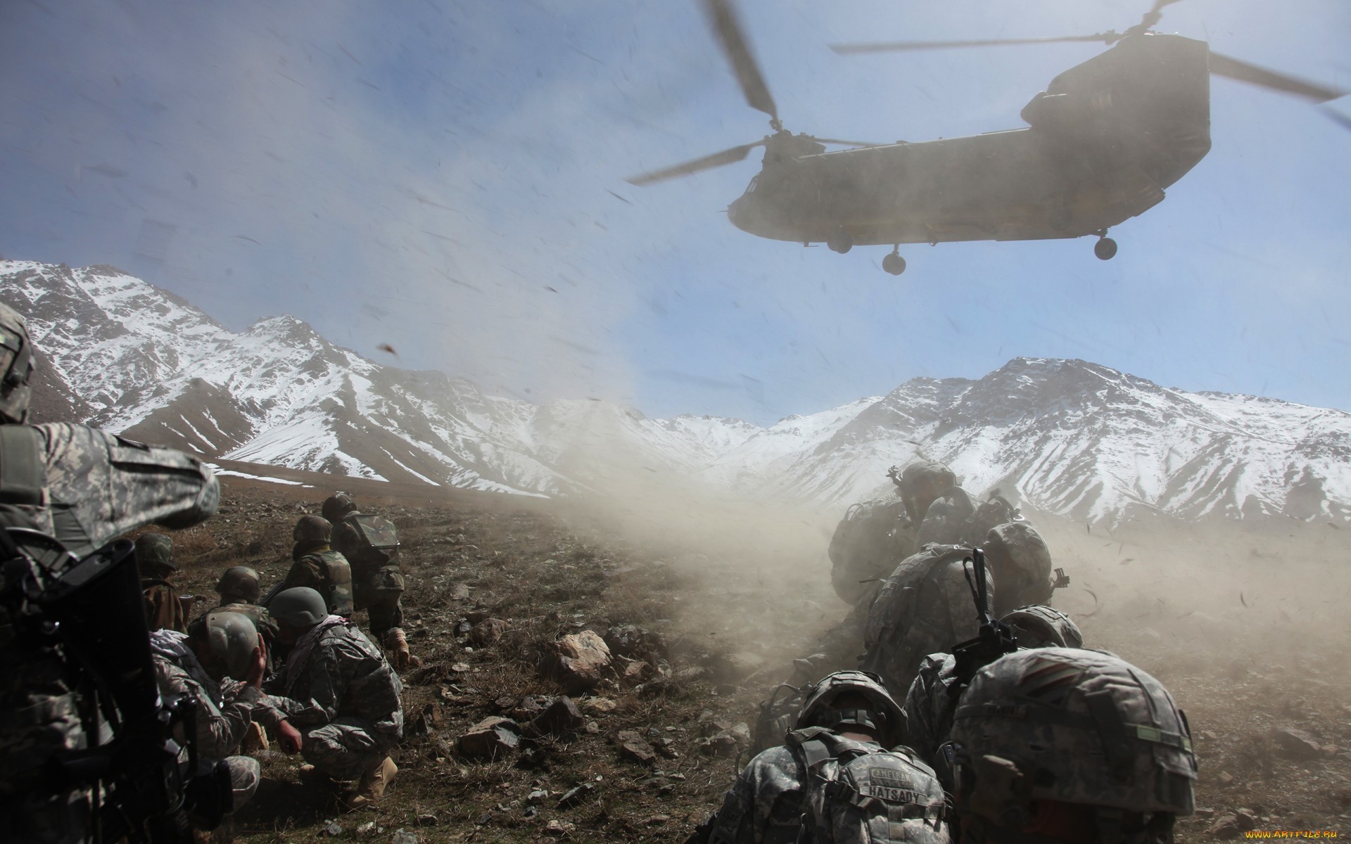 Download mobile wallpaper Landscape, People, Mountains, Weapon, Helicopters for free.