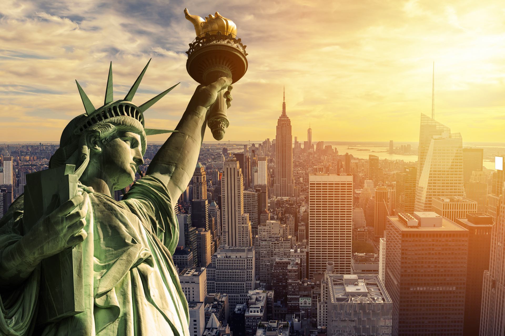 Descarga gratuita de fondo de pantalla para móvil de Estatua De La Libertad, Rascacielos, Nueva York, Hecho Por El Hombre.