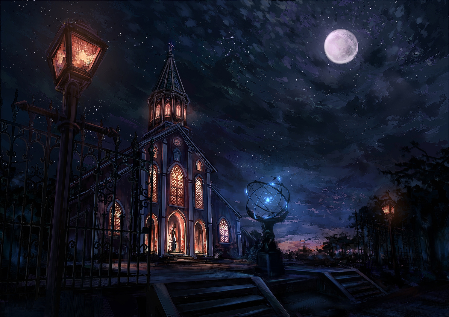 Free download wallpaper Sky, Night, Moon, Lamp, Church, Churches, Religious on your PC desktop