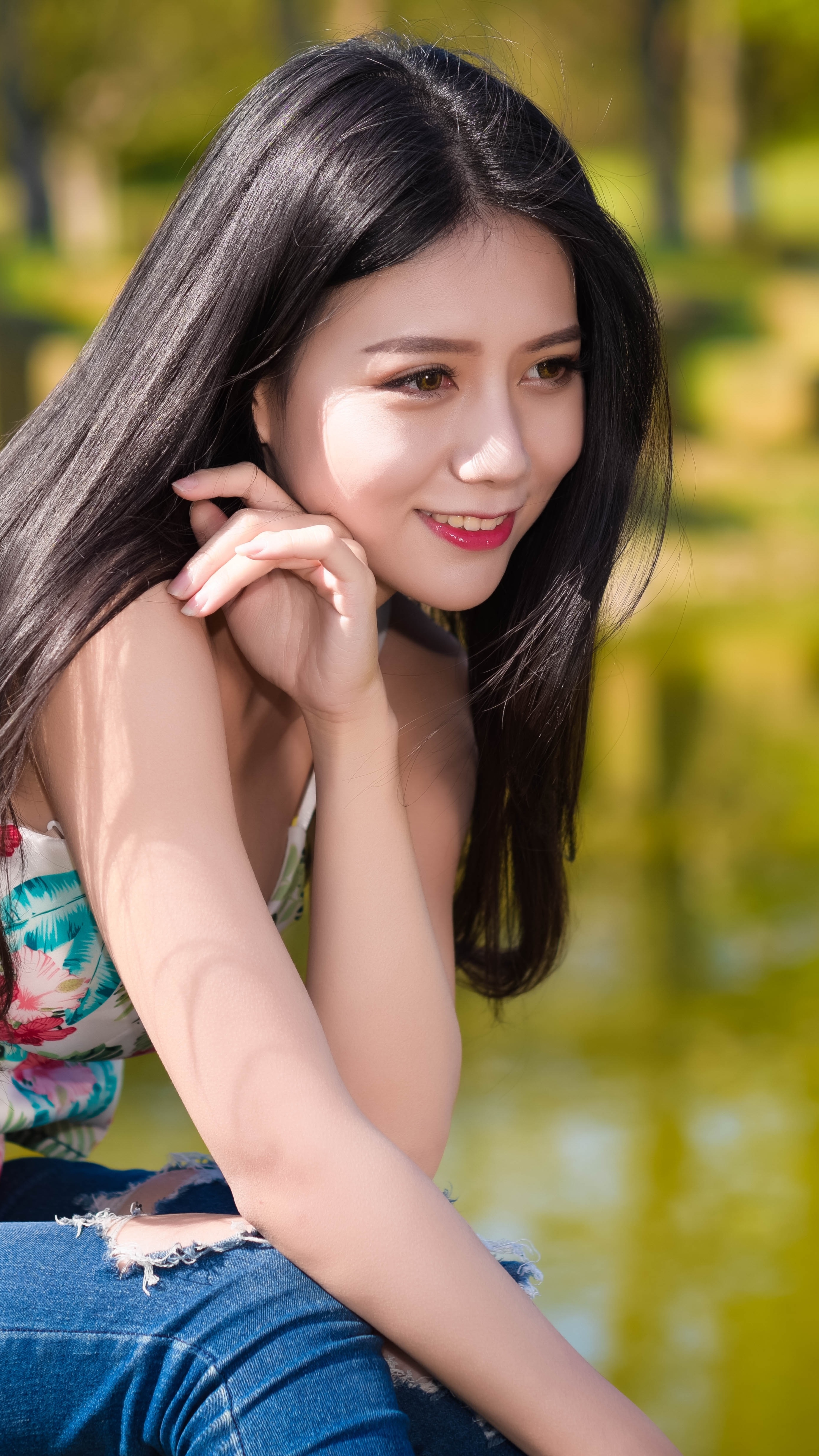 Download mobile wallpaper Smile, Model, Women, Asian, Black Hair, Long Hair for free.