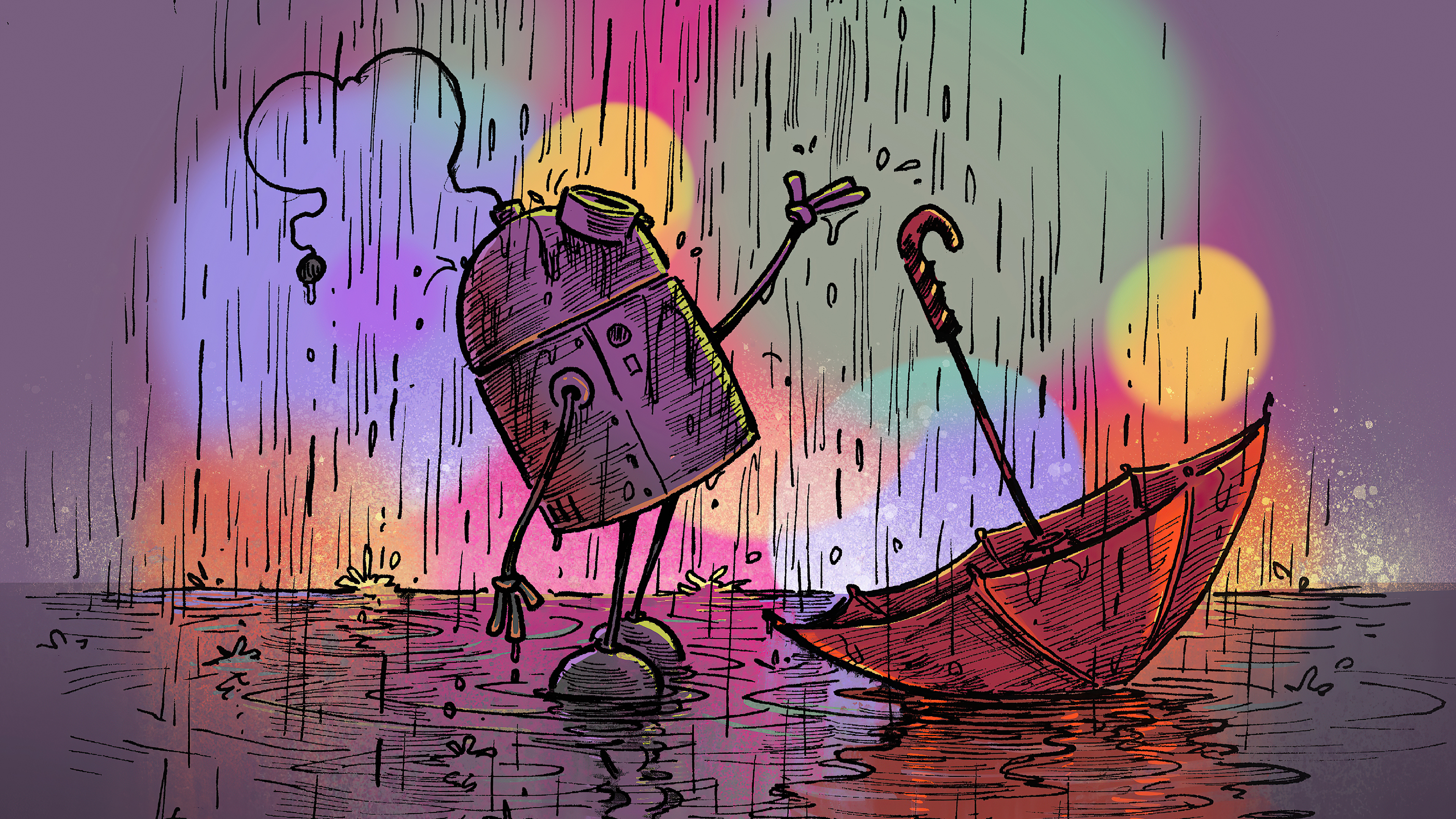 Download mobile wallpaper Rain, Colors, Robot, Sci Fi, Umbrella for free.