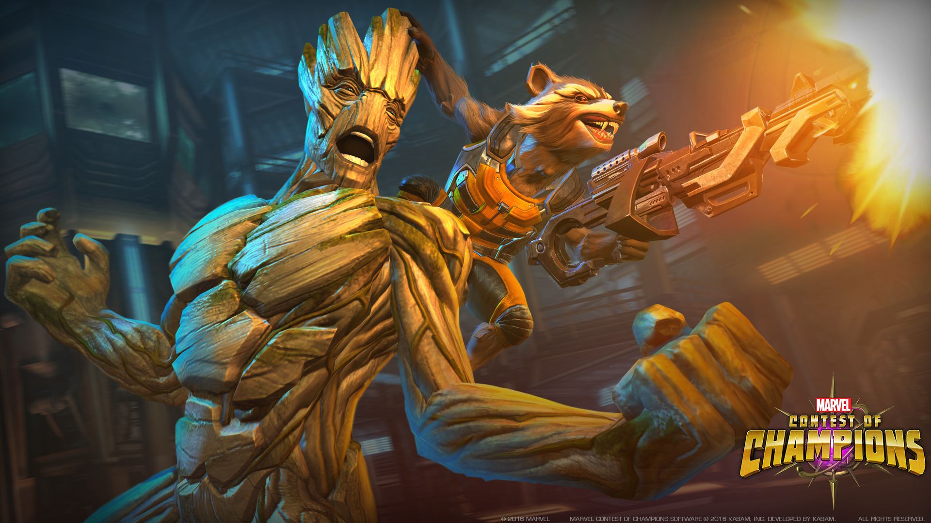video game, marvel contest of champions, groot, rocket raccoon