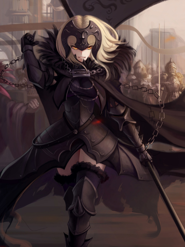 anime, fate/grand order, armor, chain, cape, yellow eyes, caster (fate/zero), blonde, jeanne d'arc alter, avenger (fate/grand order), fate (series), thigh boots, fate series