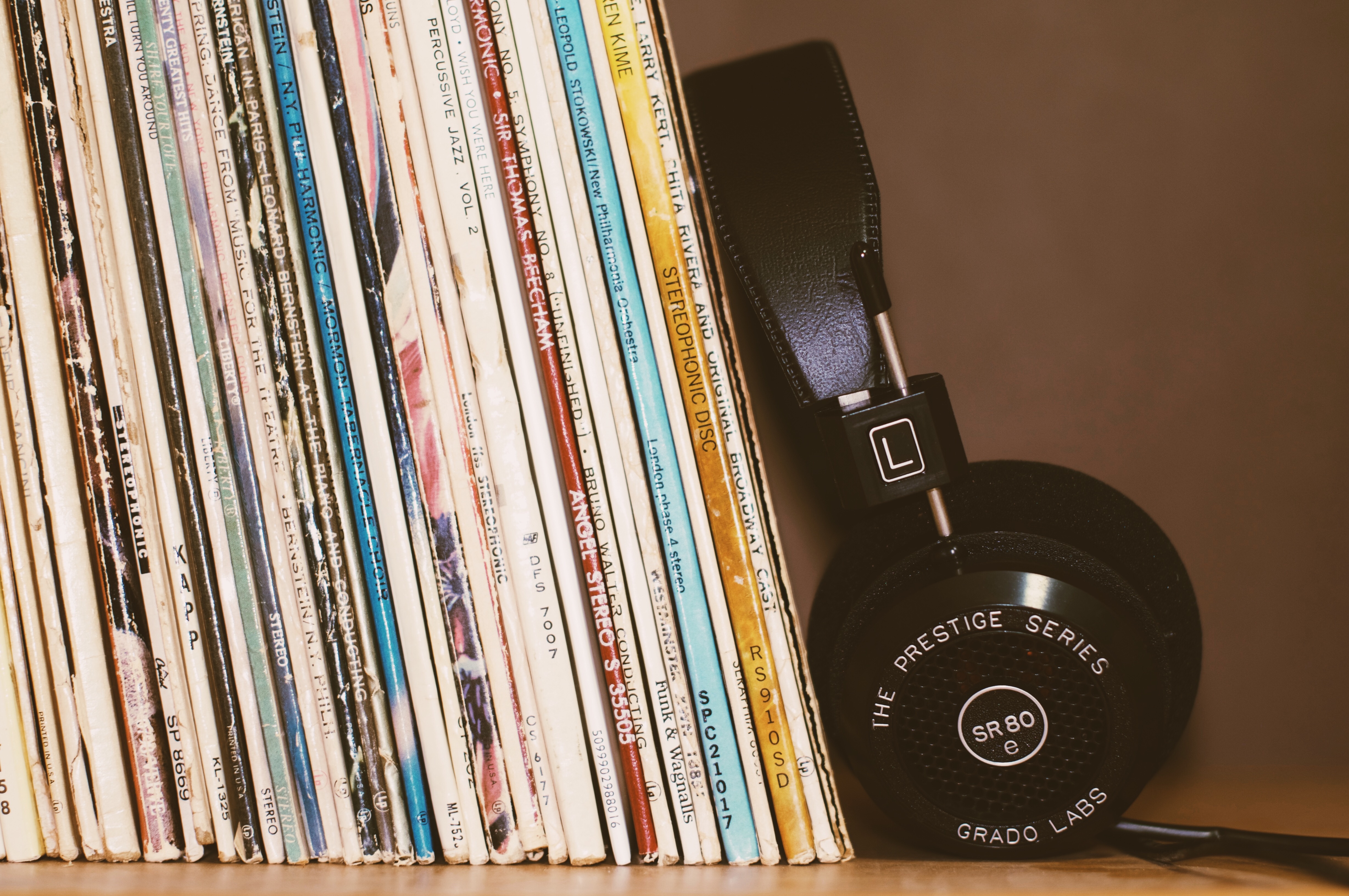headphones, music, collection, vinyl records