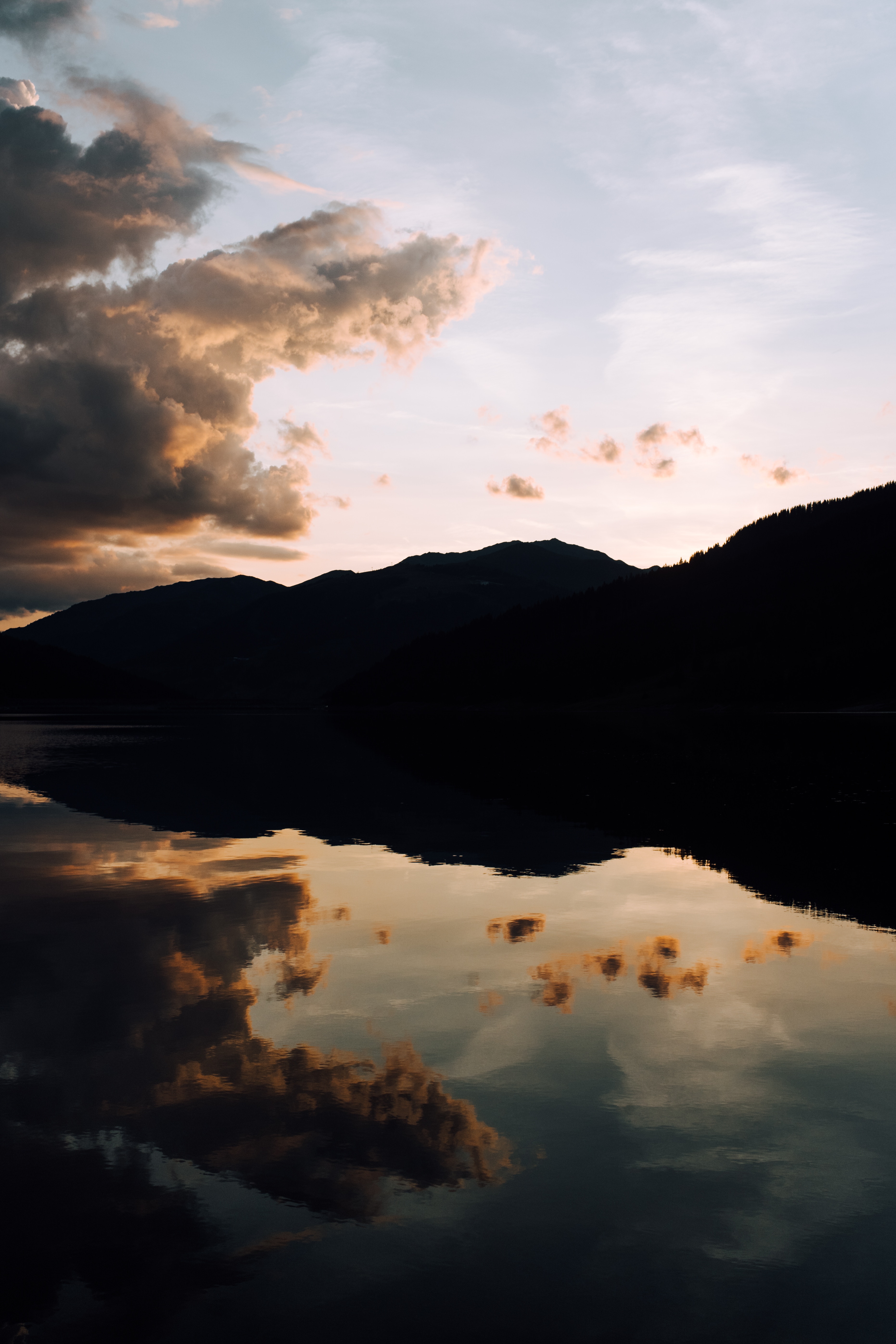 Download mobile wallpaper Reflection, Clouds, Nature, Sky, Lake, Trees, Sunset for free.