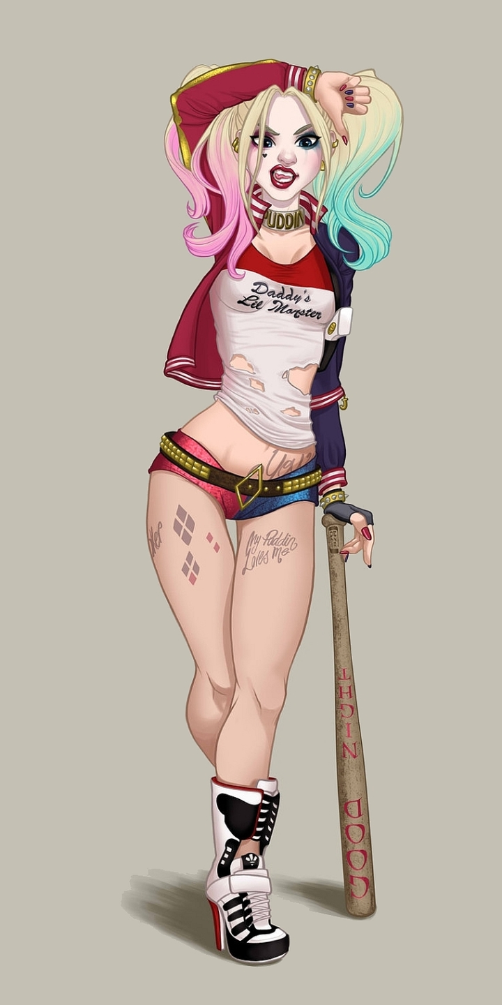 Download mobile wallpaper Tattoo, Boots, Blonde, Collar, Shorts, Comics, Harley Quinn, Dc Comics, Twintails, Baseball Bat, Suicide Squad for free.