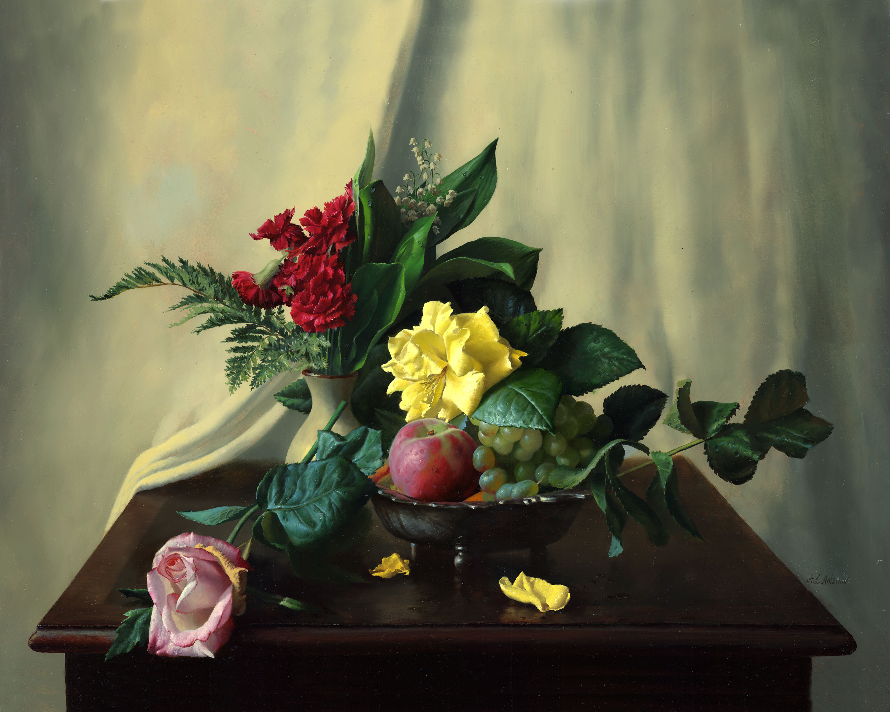 photography, still life, bowl, flower, fruit, rose