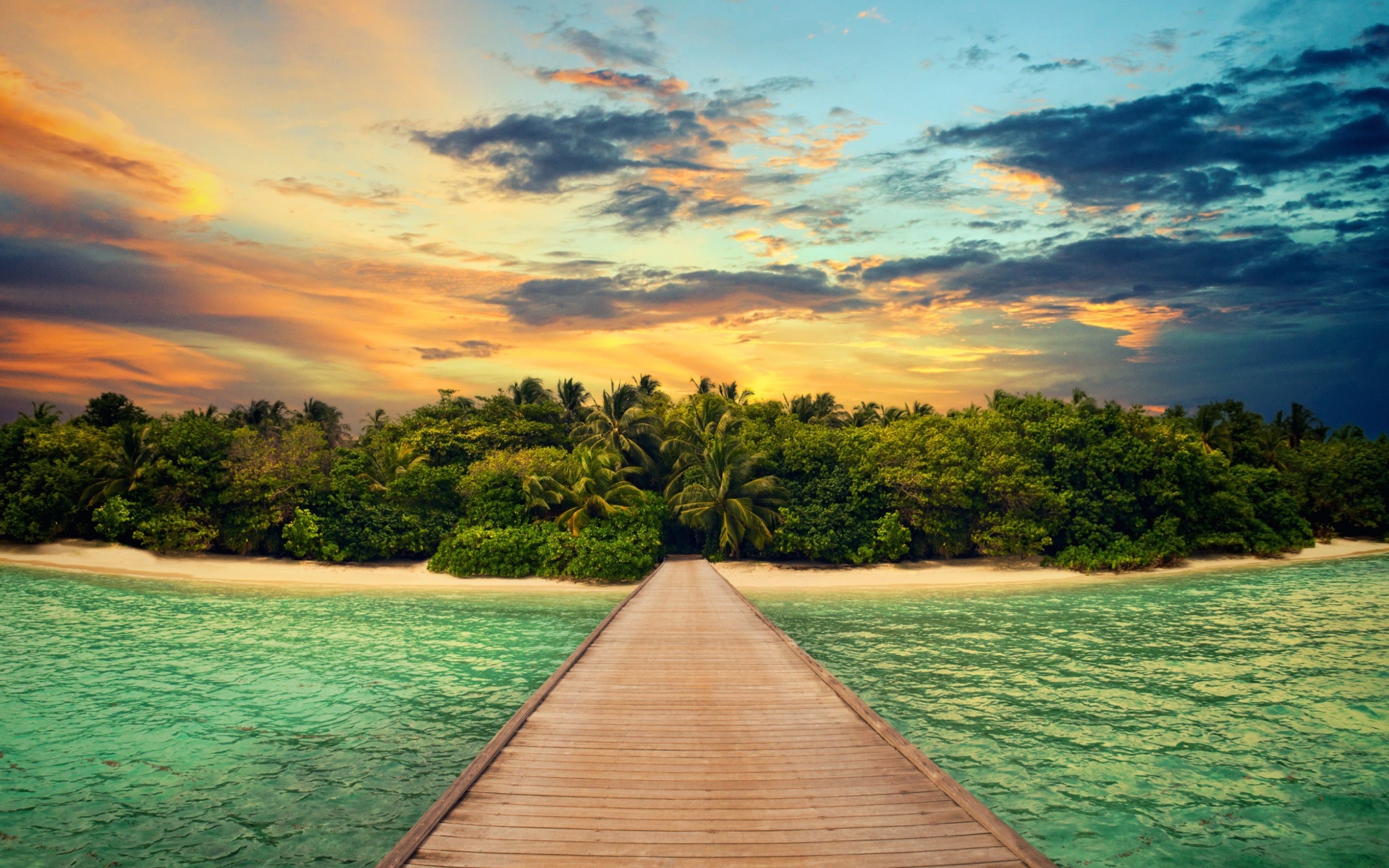 ocean, sea, earth, island, lagoon, palm tree, pier, sunset, tropical, tropics Full HD