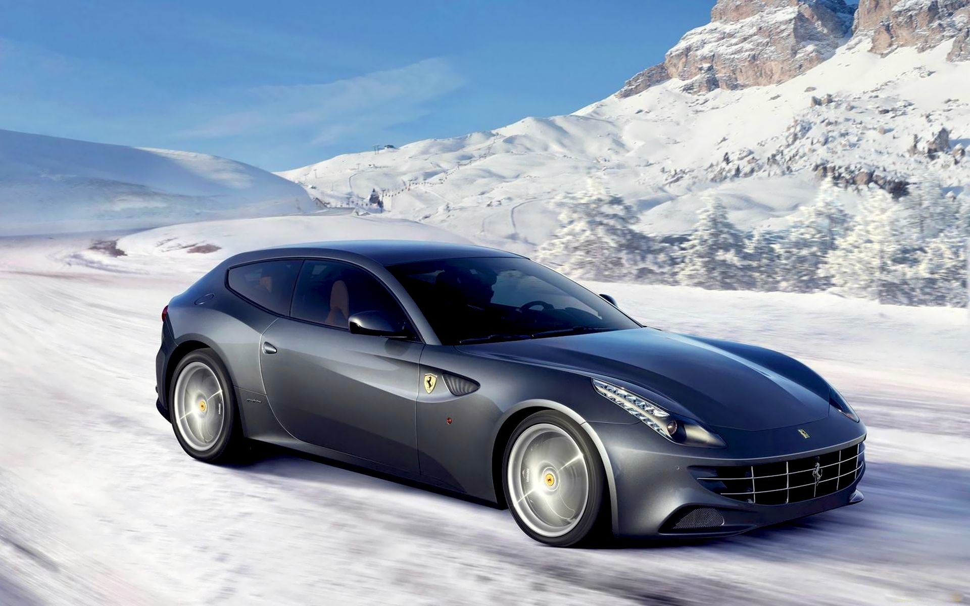 Laden Sie das Transport, Auto, Mountains, Landschaft, Schnee, Winter, Ferrari-Bild kostenlos auf Ihren PC-Desktop herunter