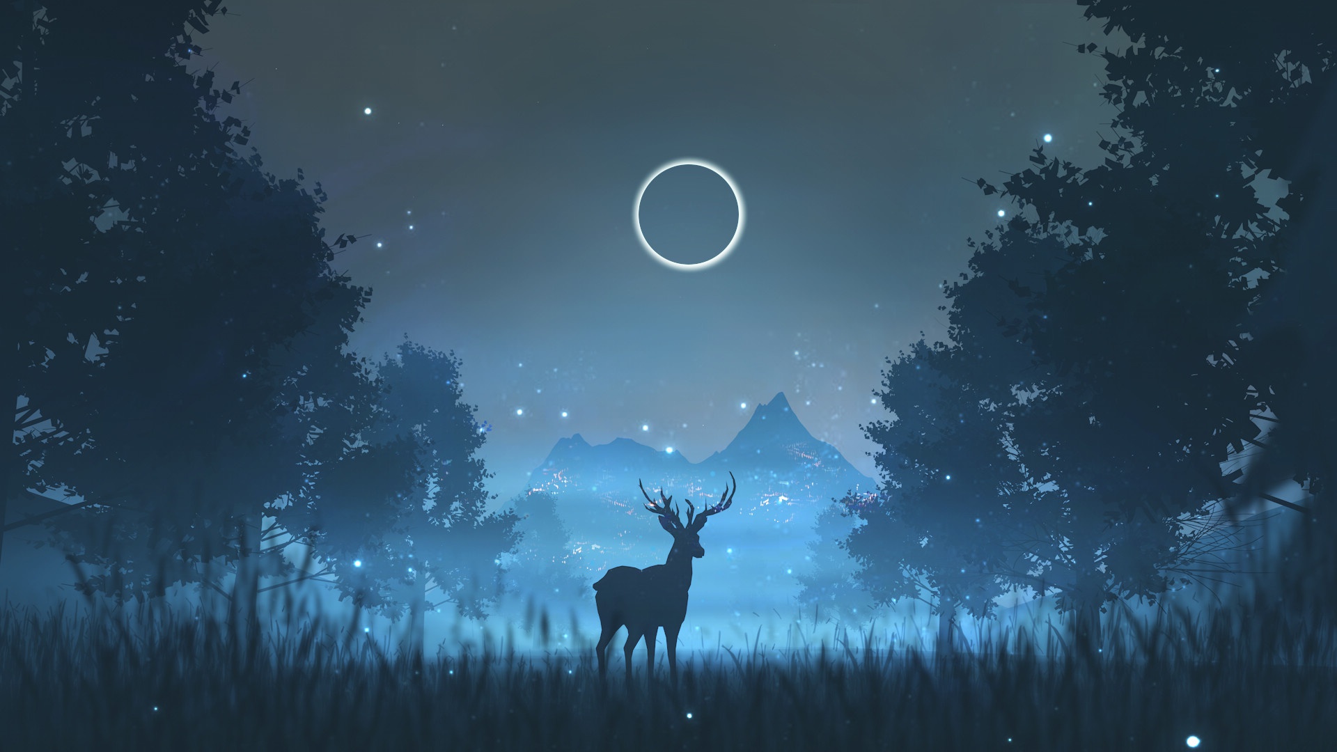 459166 descargar fondo de pantalla ciervo, fantasía, eclipse, luciérnaga, noche, animales de fantasía: protectores de pantalla e imágenes gratis