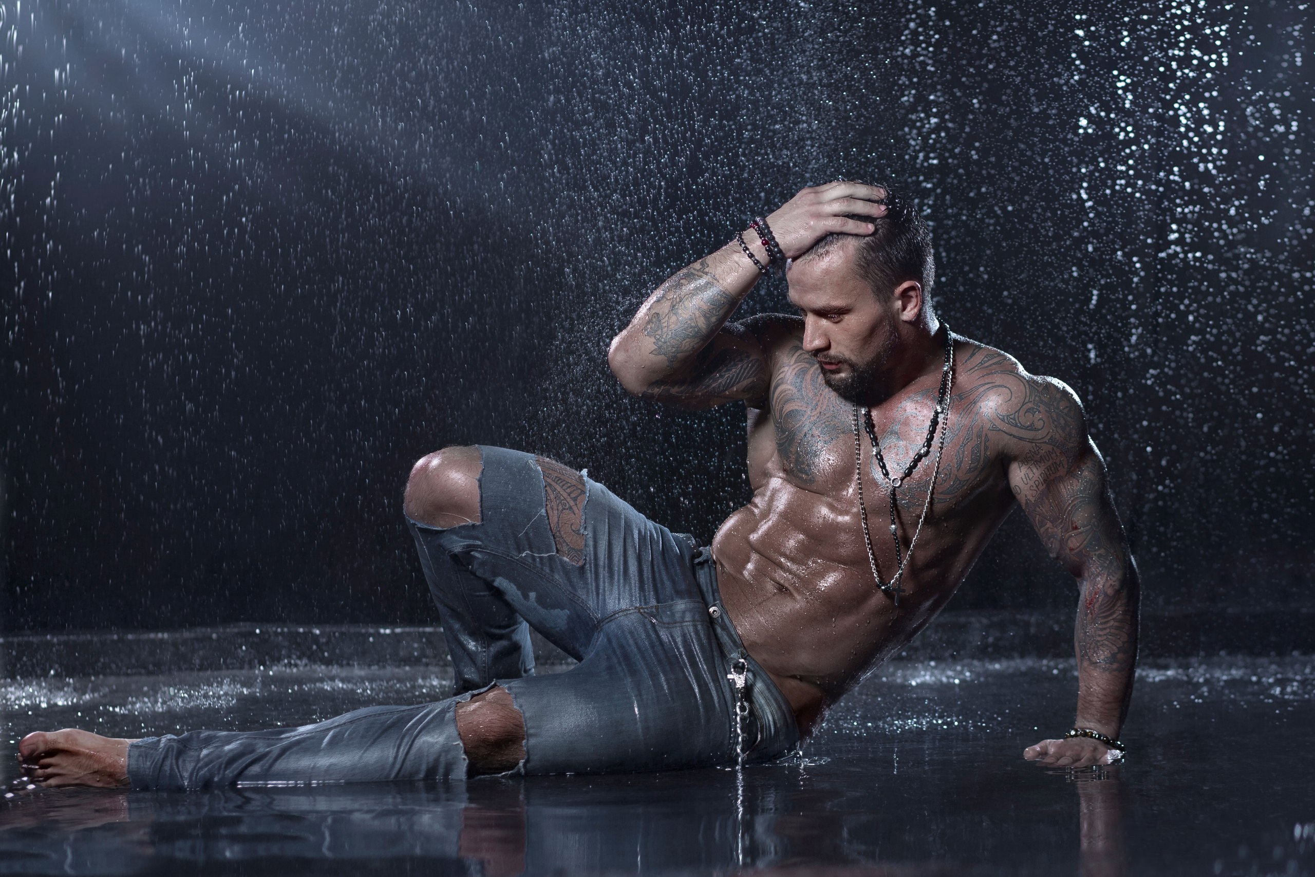 Download mobile wallpaper Men, Tattoo, Model, Muscle, Barefoot for free.