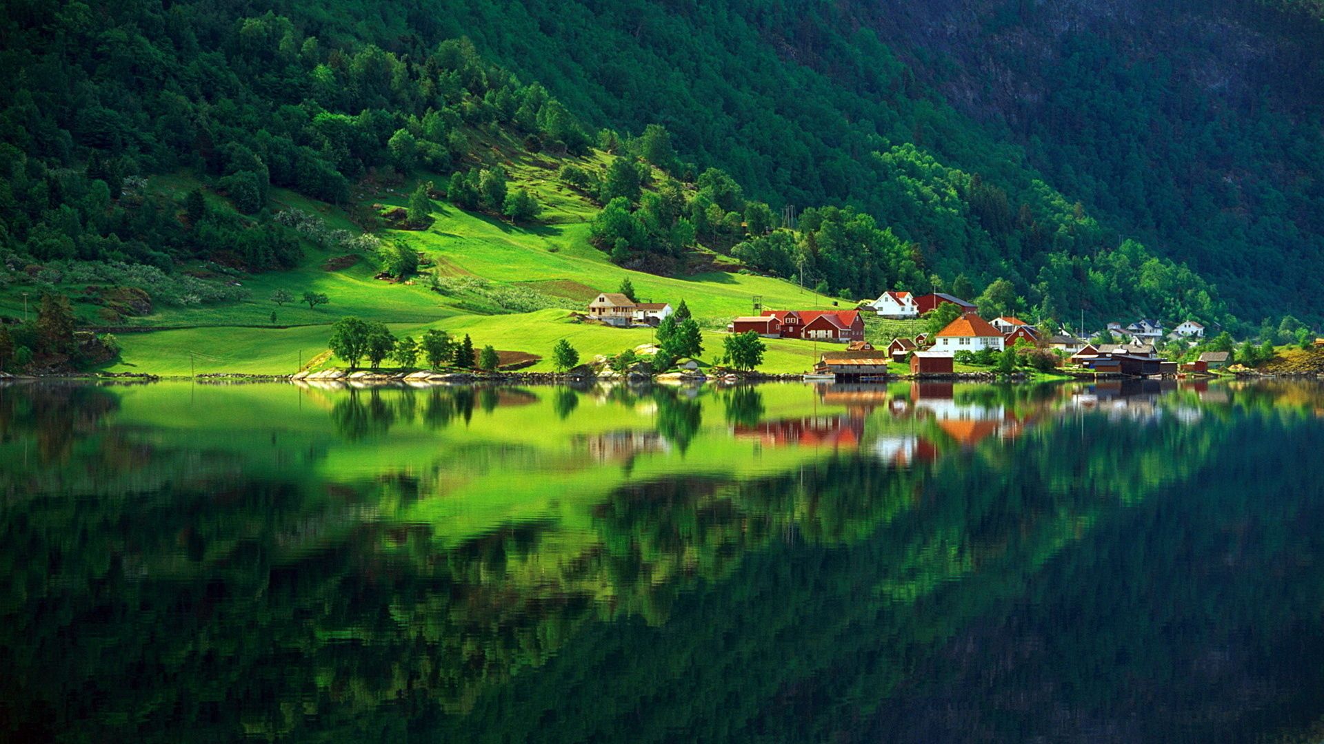 mountain, village, houses, lake, summer, nature, reflection, shore, bank, foot