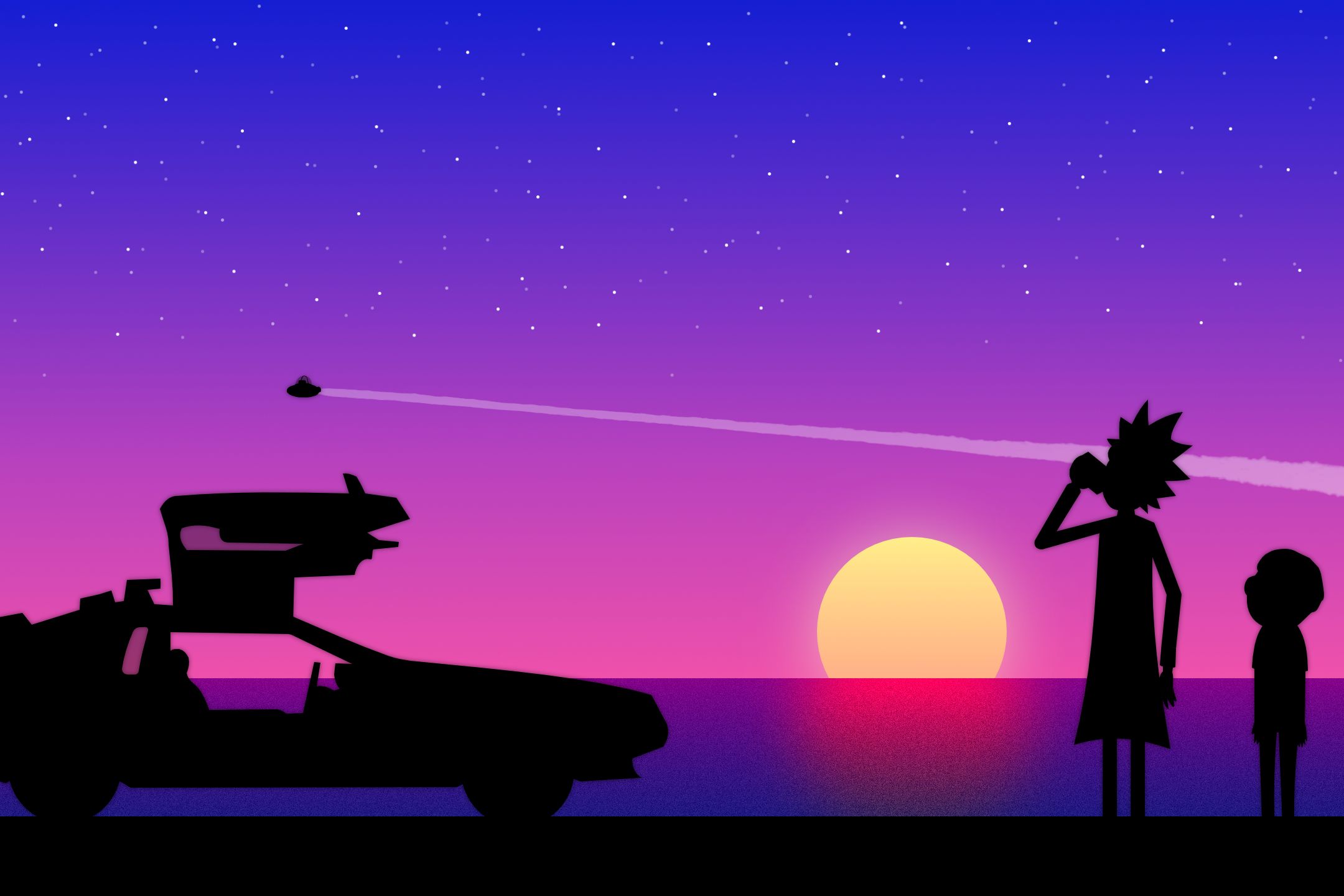Free download wallpaper Sunset, Car, Purple, Tv Show, Rick Sanchez, Morty Smith, Rick And Morty on your PC desktop