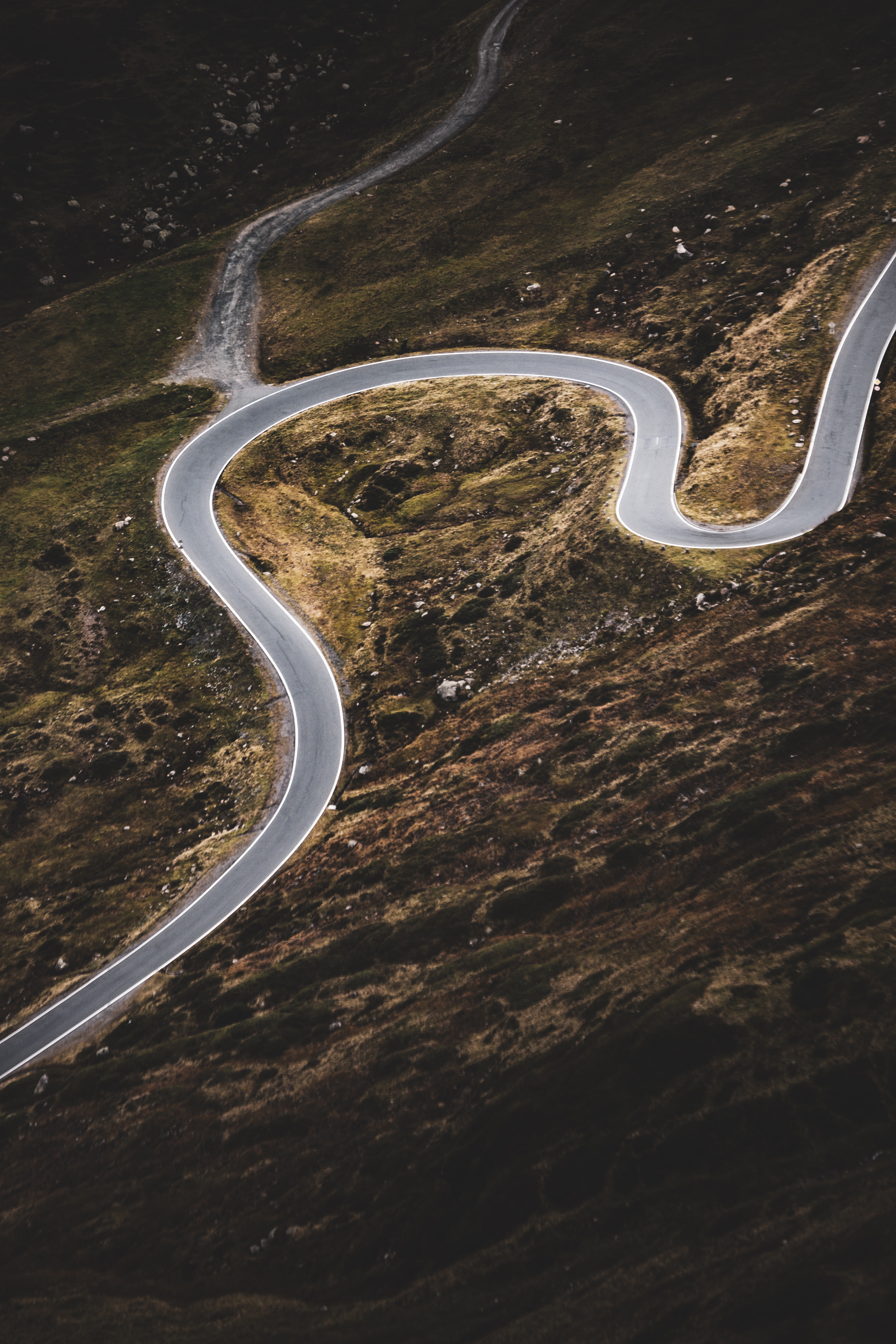 Download mobile wallpaper Slope, View From Above, Road, Winding, Sinuous, Nature for free.