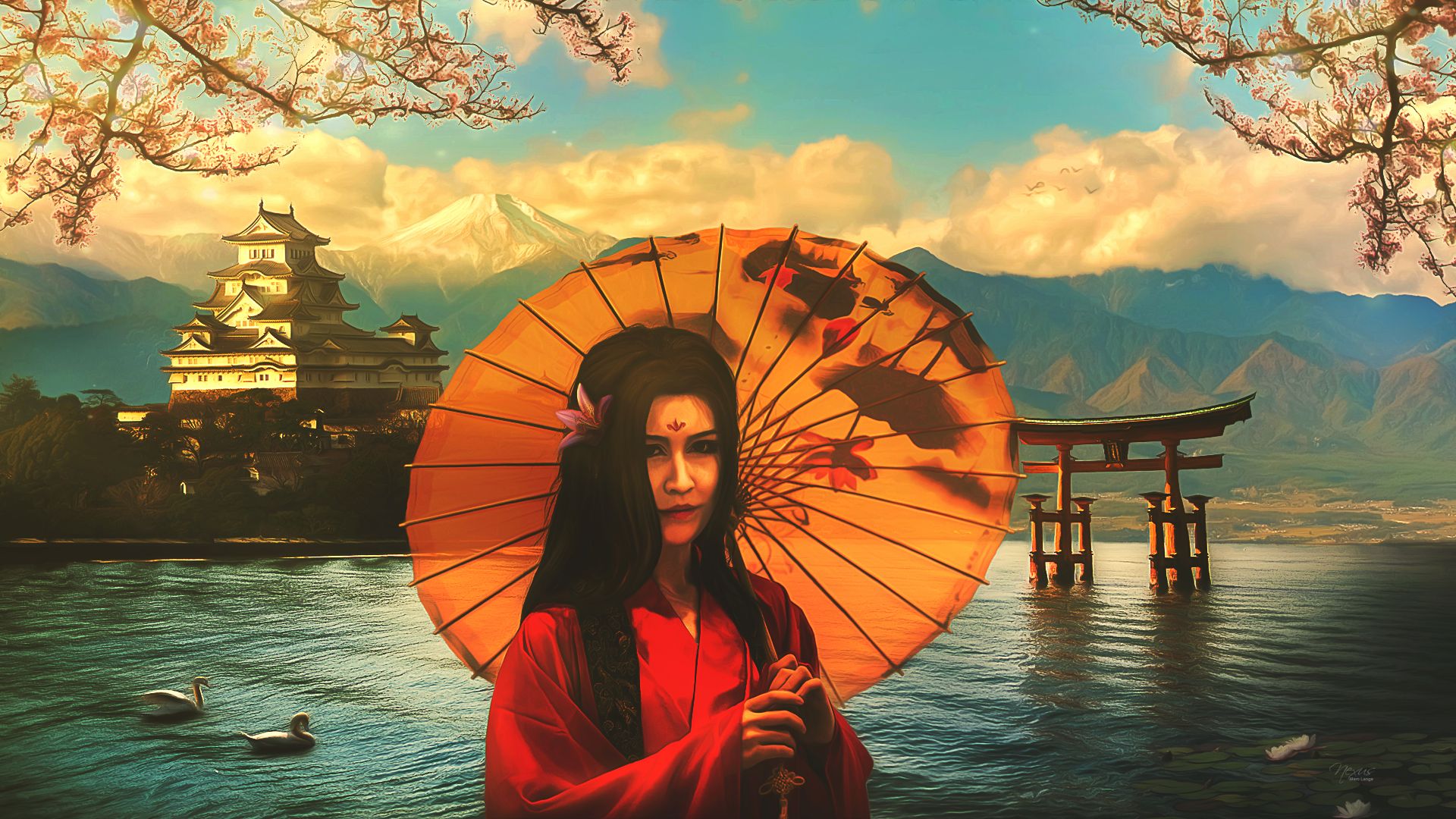 Laden Sie das Sakura, See, Gebirge, Japan, Traum, Schwan, Japanisch, Kirschblüte, Künstlerisch, Schloss-Bild kostenlos auf Ihren PC-Desktop herunter