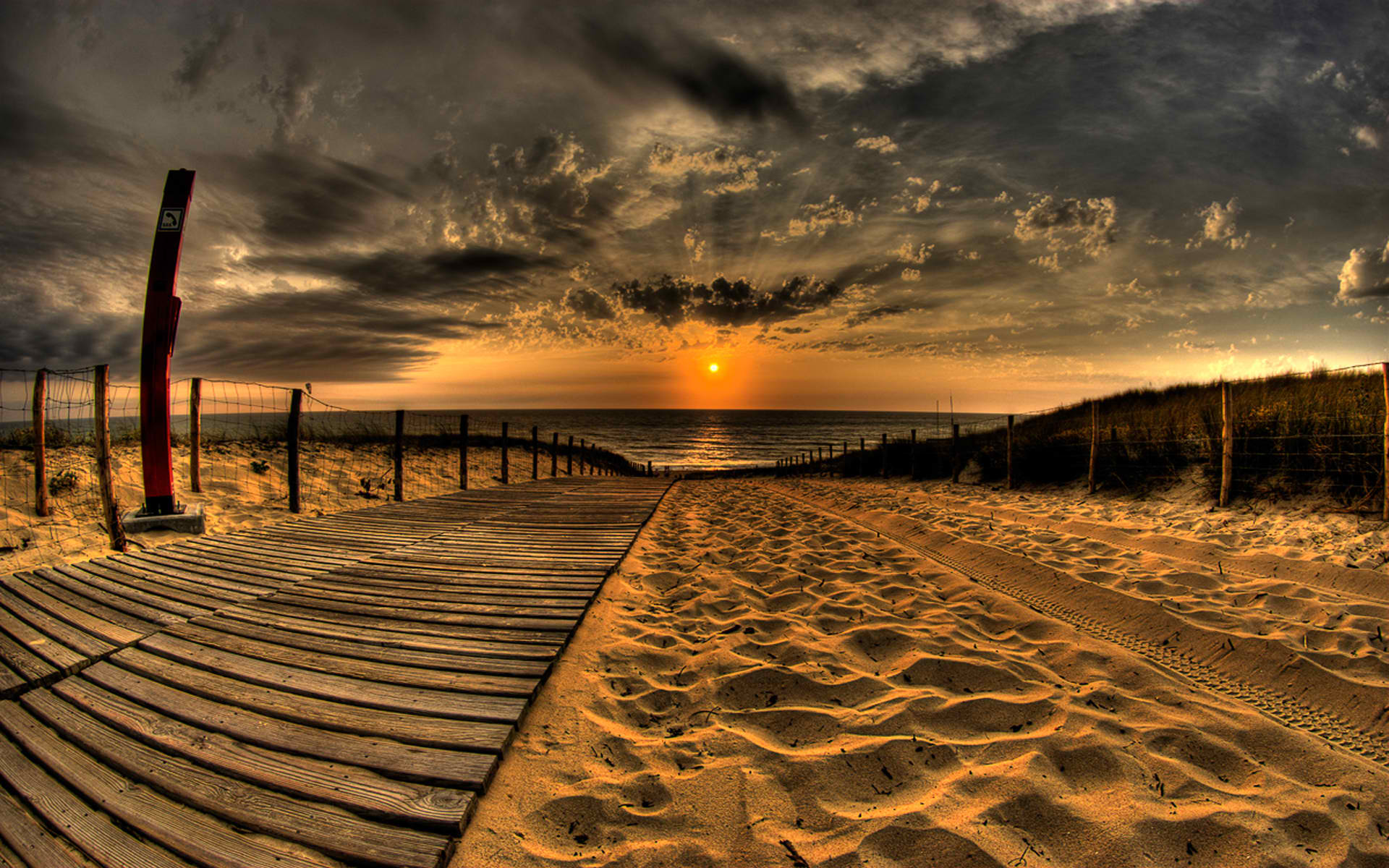 photography, beach, sand, cloud, earth, fence, sun, sunset, water
