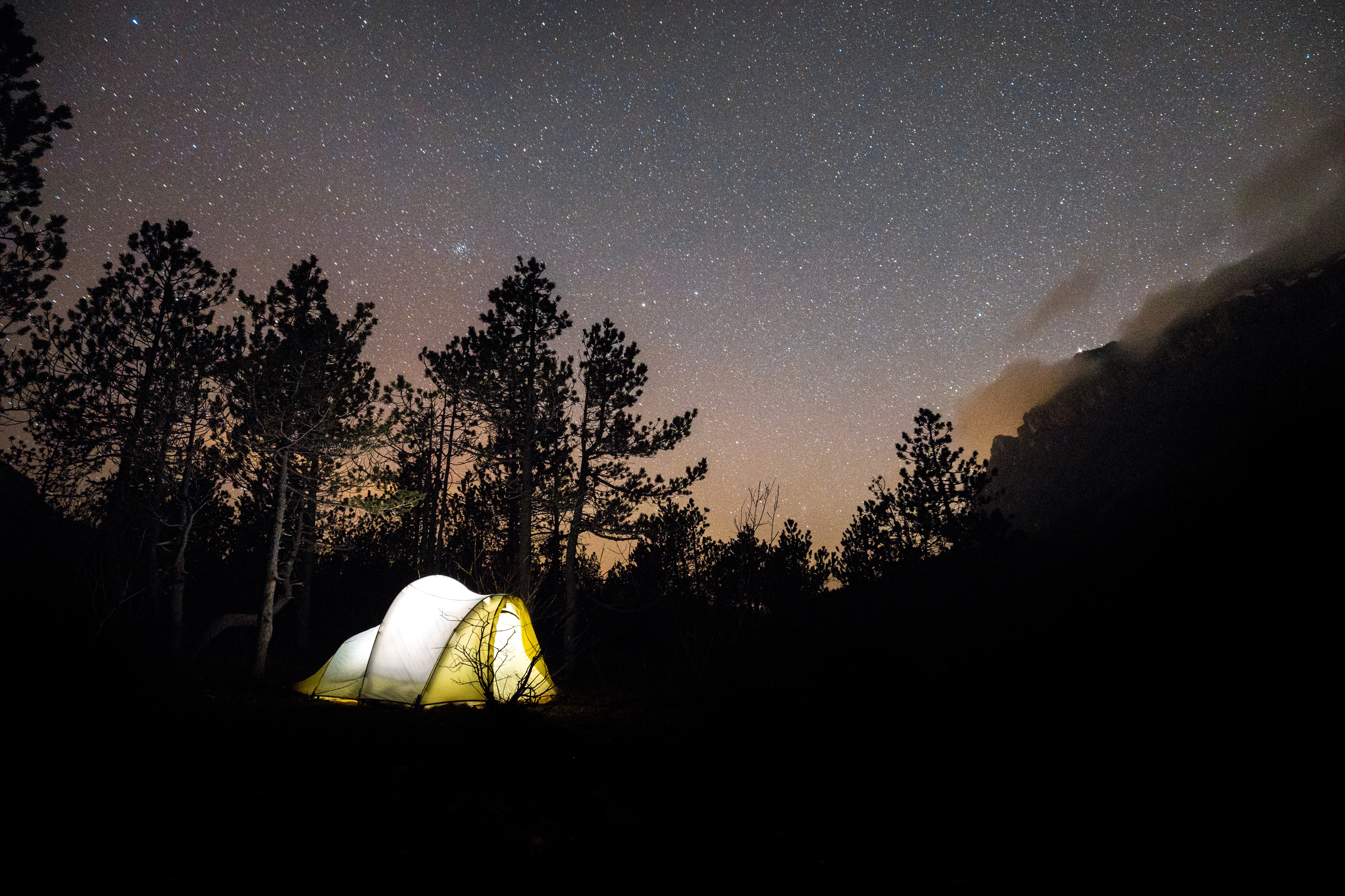 journey, nature, night, starry sky, tent, camping, campsite