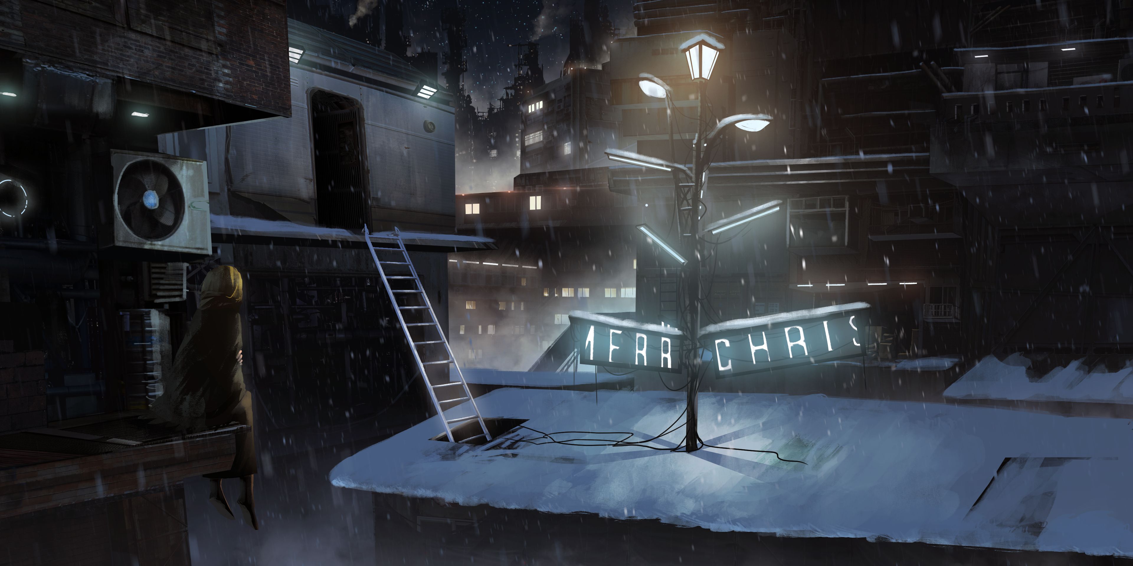 Скачать обои бесплатно Аниме, Снег, Город, Рождество, Оригинал картинка на рабочий стол ПК