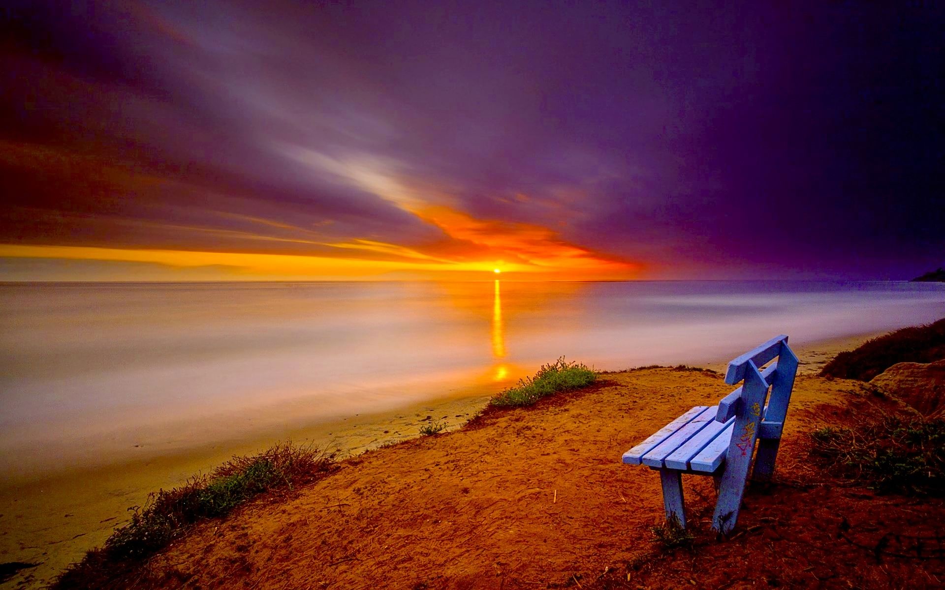 Download mobile wallpaper Sunset, Horizon, Coast, Ocean, Bench, Coastline, Man Made for free.