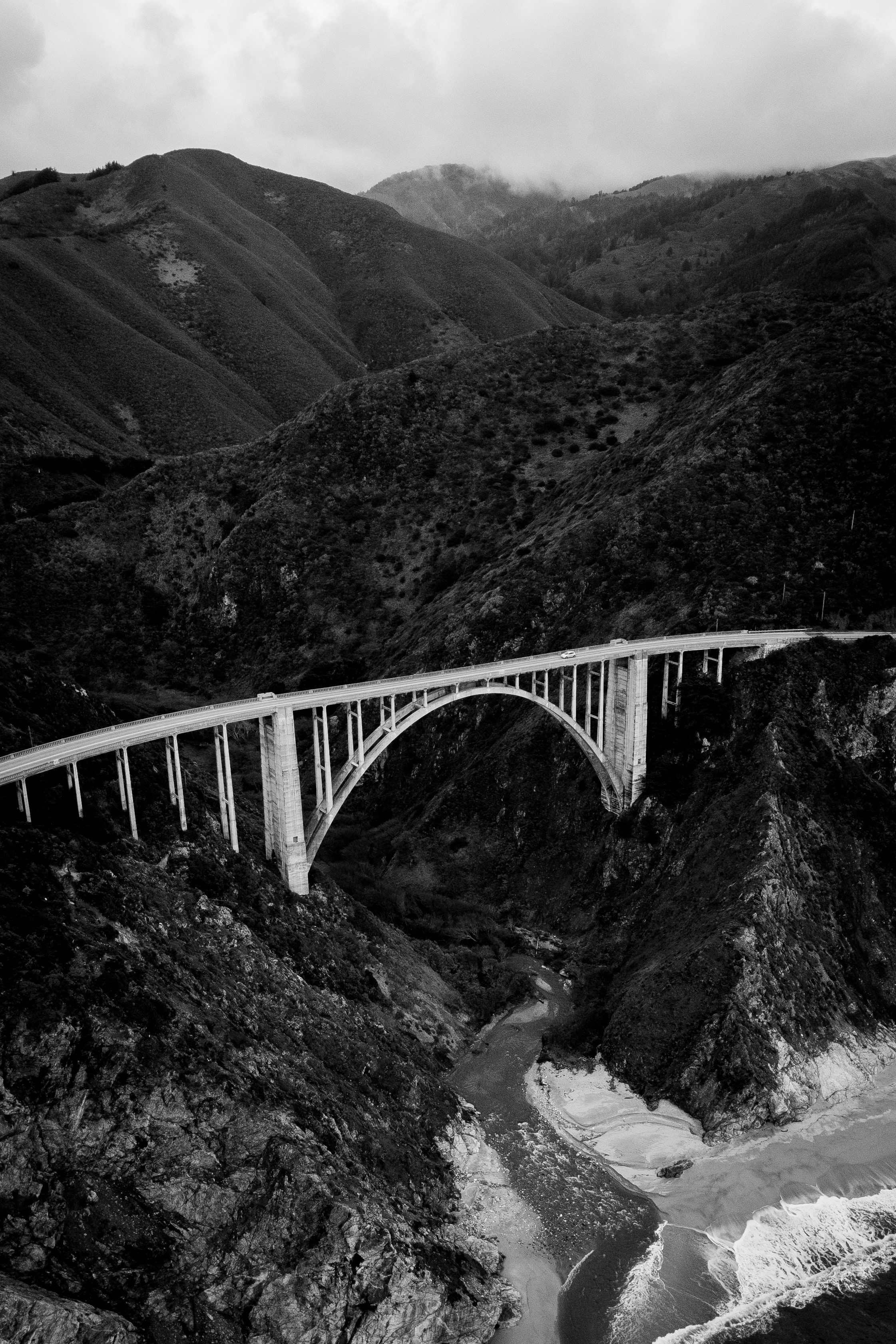 Free download wallpaper Nature, Mountains, View From Above, Coast, Bridge, Bw, Chb on your PC desktop