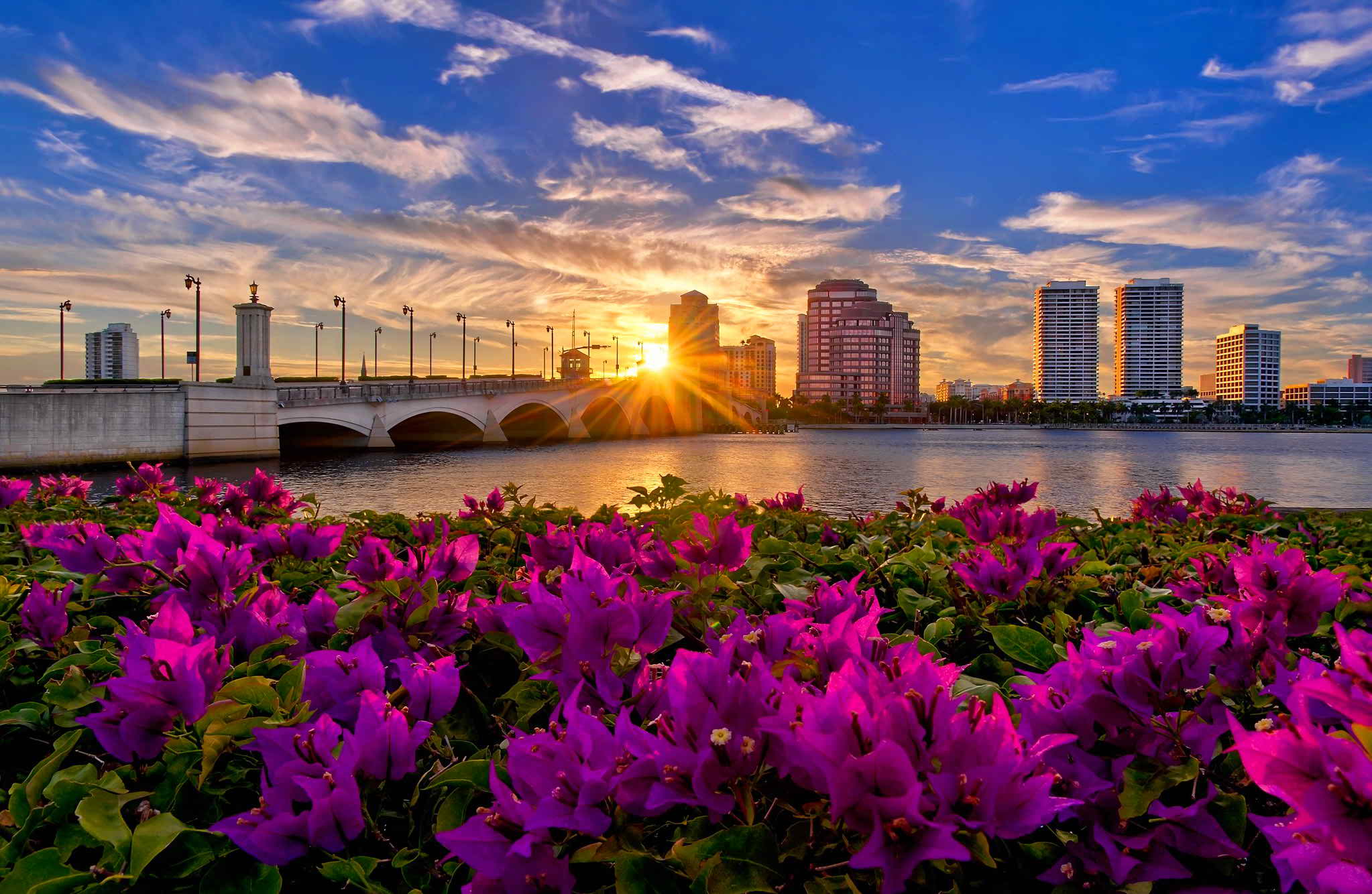 Free download wallpaper Cities, Sunset, Usa, City, Bridge, Florida, Sunbeam, Purple Flower, Man Made on your PC desktop