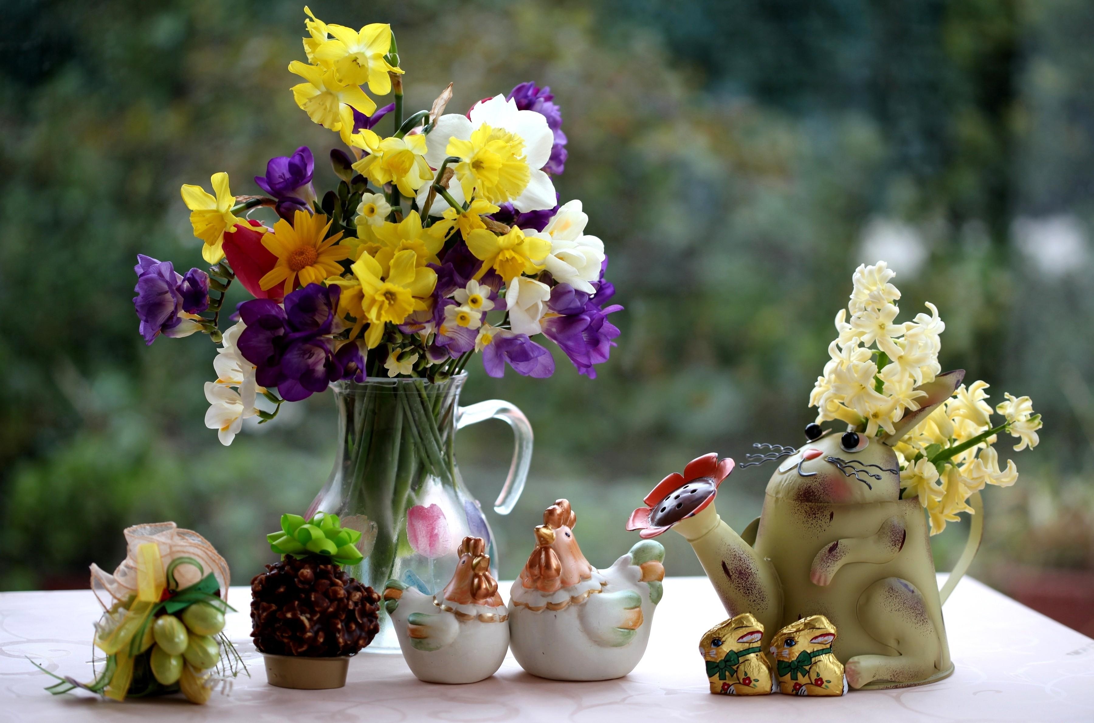 rabbits, narcissussi, flowers, grapes, bouquet, tulip, chicken, freesia