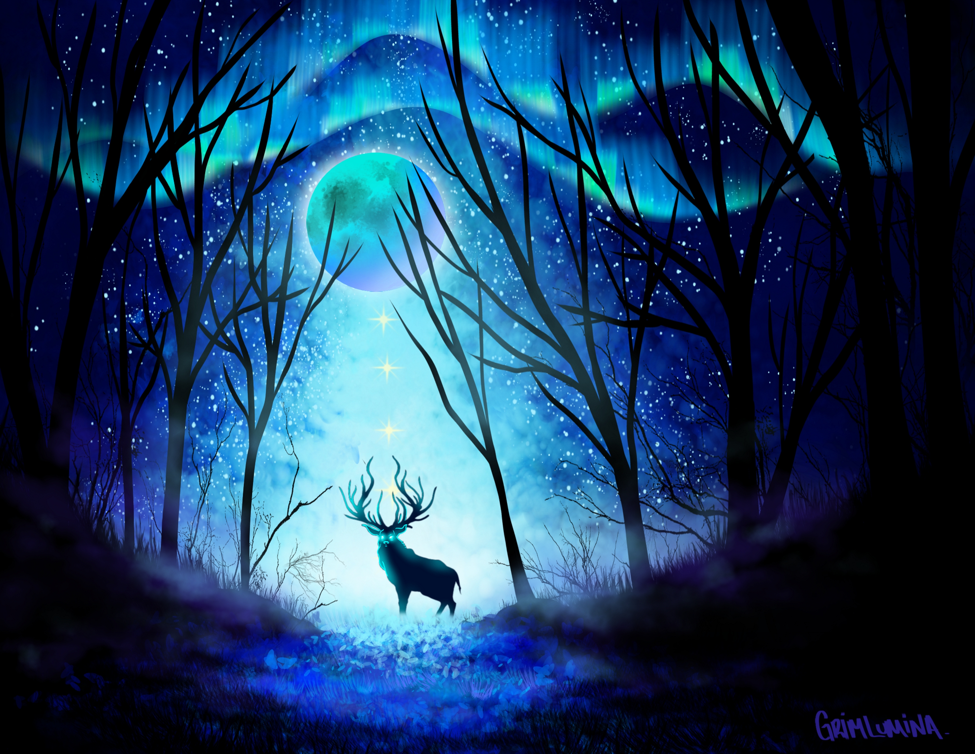 northern lights, moon, night, aurora borealis, art, forest, deer