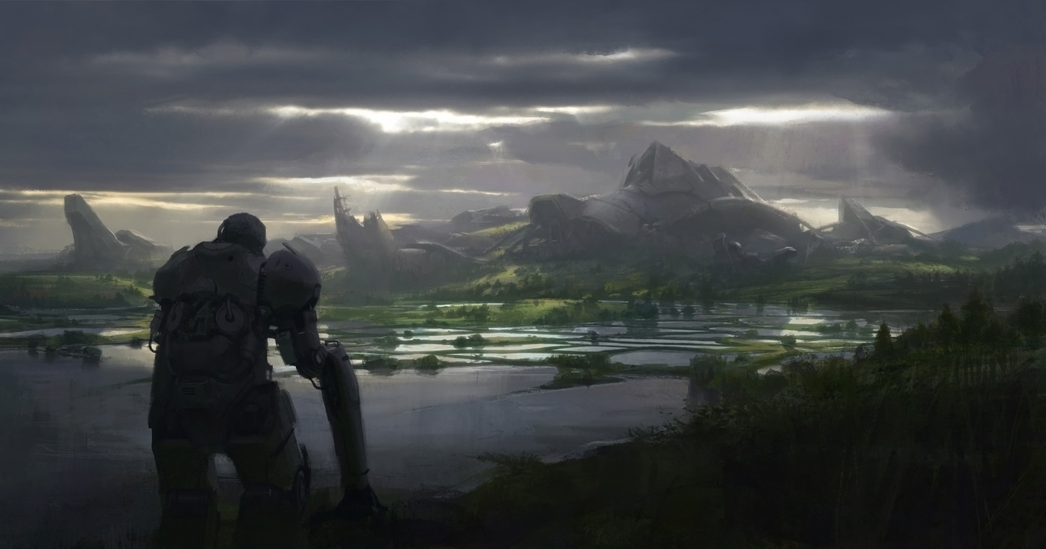 Free download wallpaper Landscape, Mountain, Robot, Sci Fi on your PC desktop