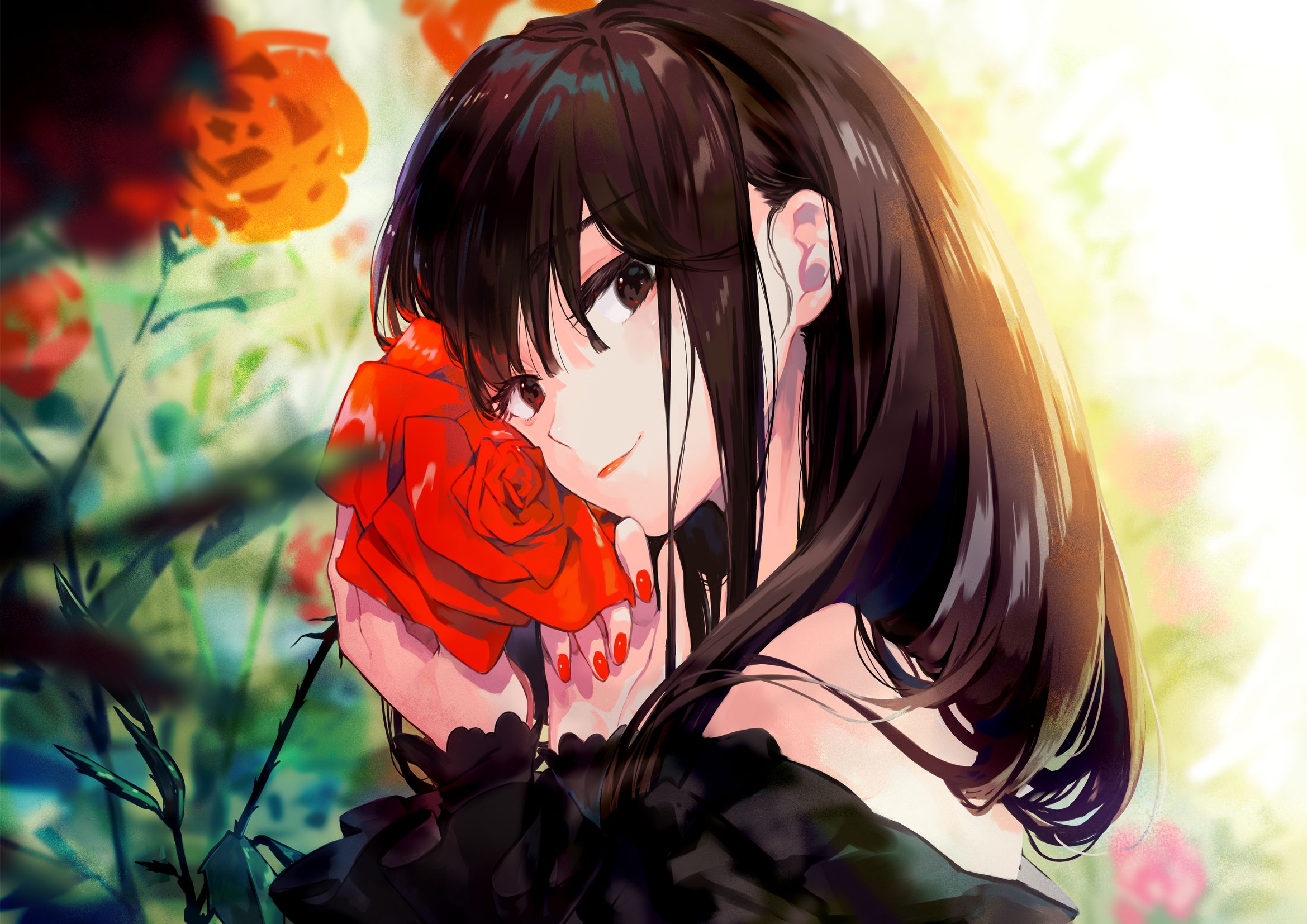 Free download wallpaper Anime, Flower, Rose, Girl, Black Hair, Black Eyes on your PC desktop