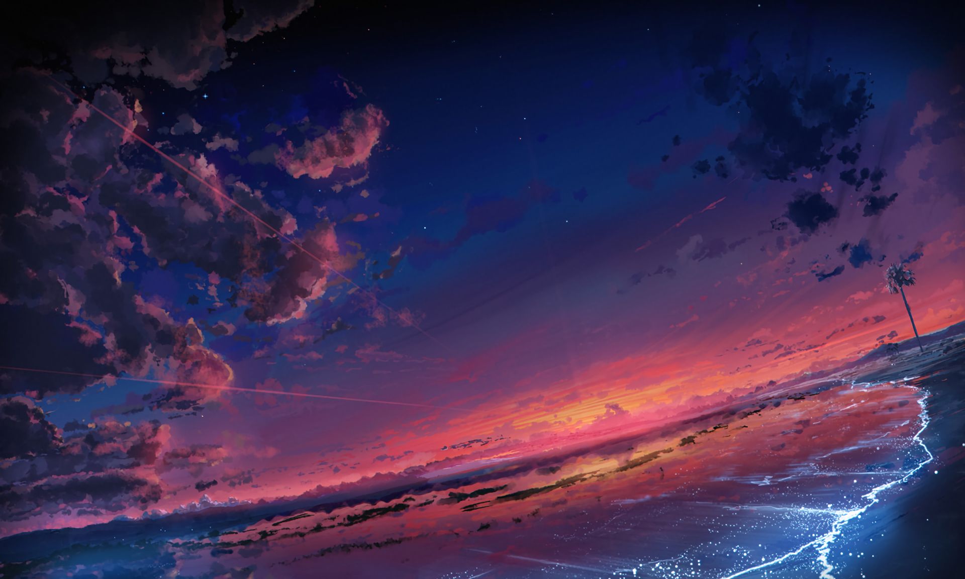 Download mobile wallpaper Anime, Sunset, Sky, Beach, Cloud, Scenic for free.