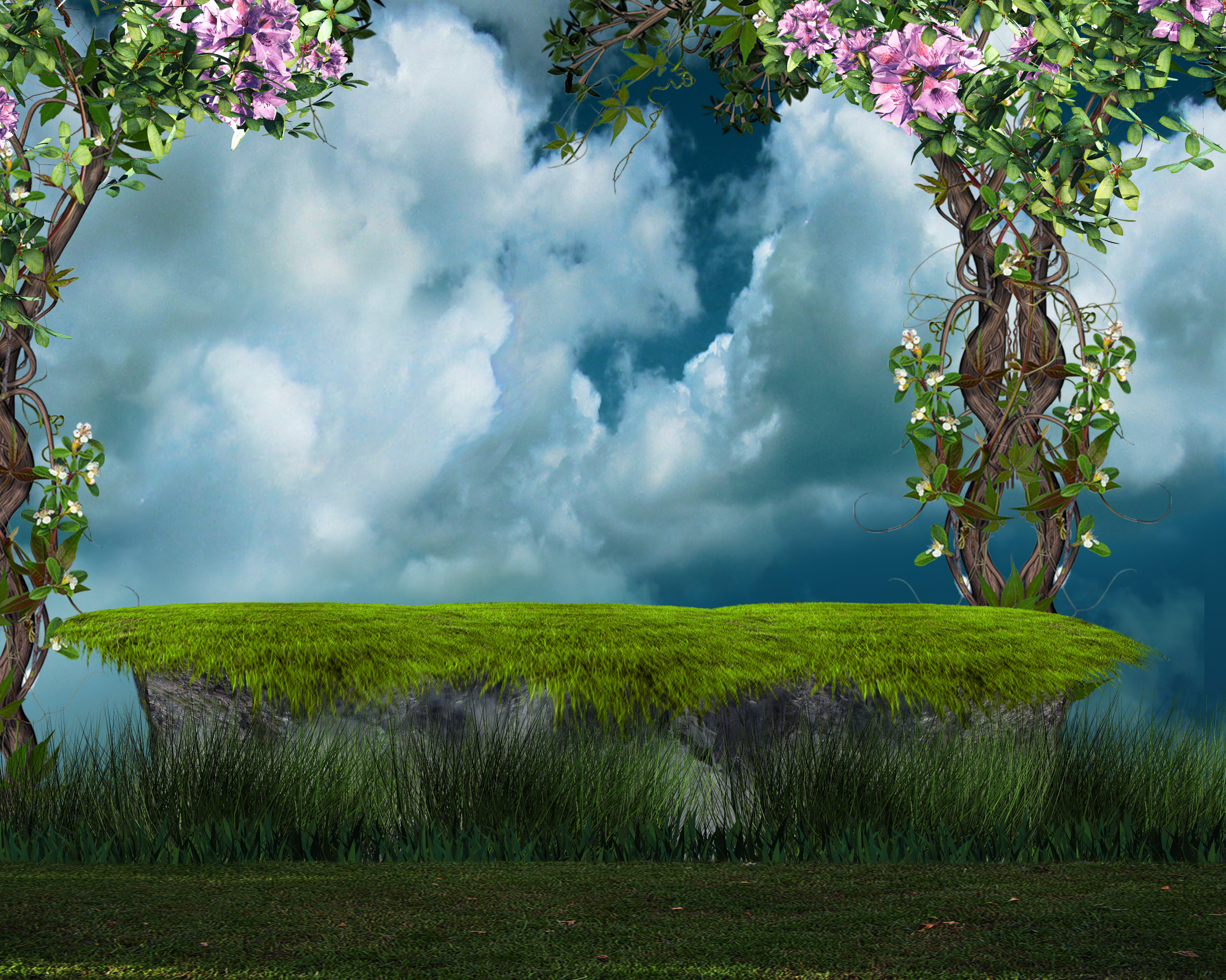 Download mobile wallpaper Fantasy, Grass, Vine, Flower, Artistic, Cloud for free.
