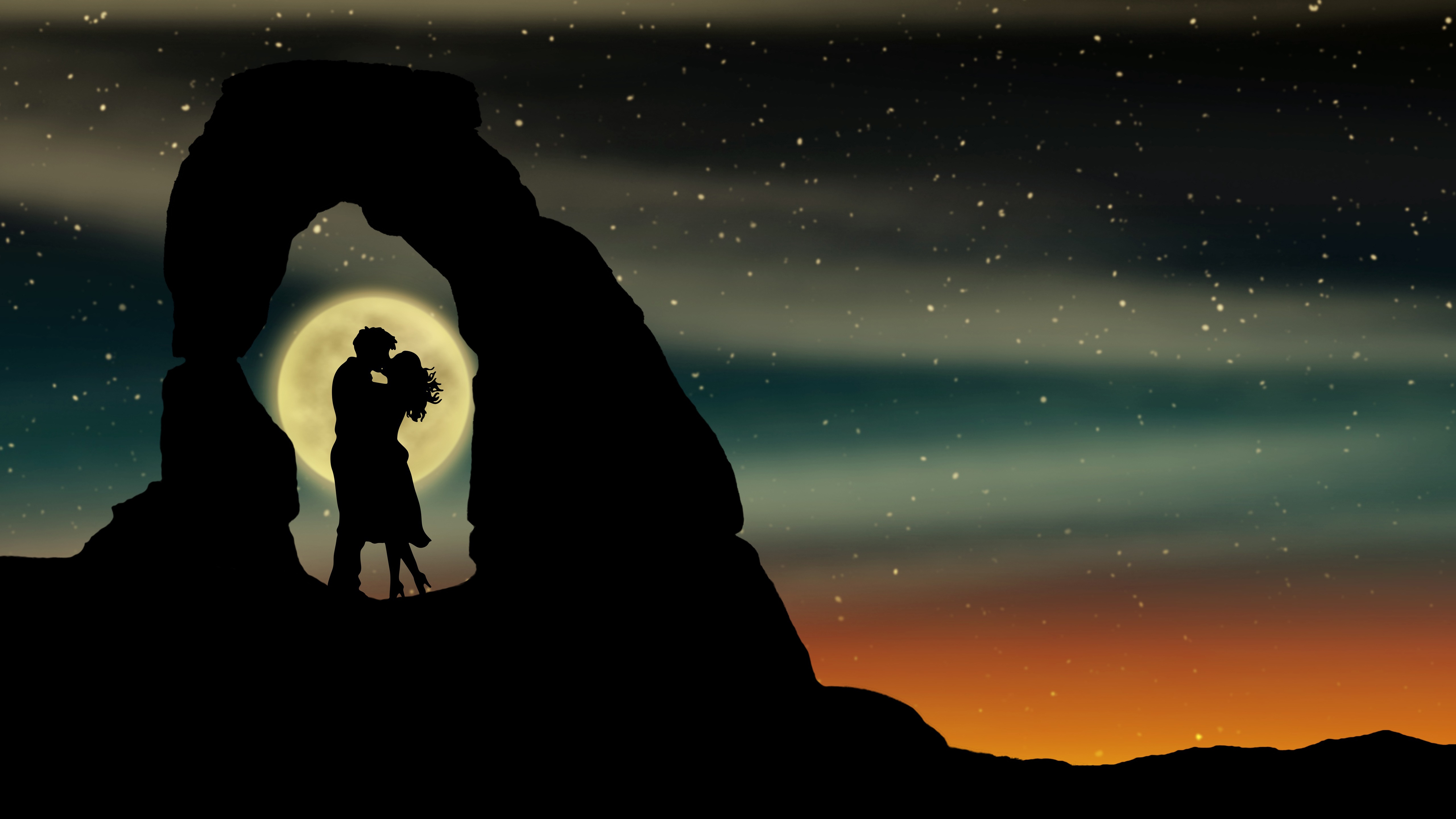 Free download wallpaper Stars, Moon, Love, Silhouette, Couple, Artistic, Full Moon on your PC desktop