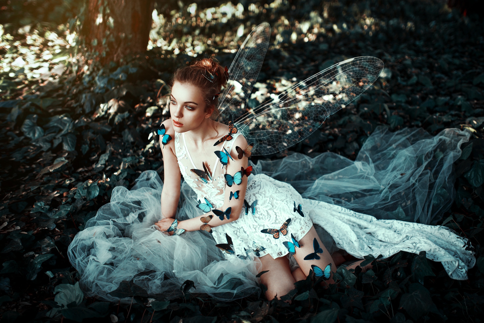 Download mobile wallpaper Butterfly, Redhead, Wings, Photography, Fairy, Manipulation, White Dress, Outdoor for free.