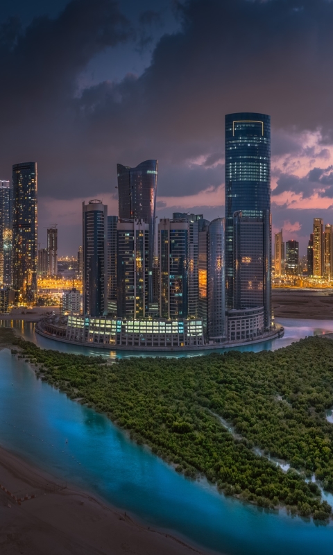 Handy-Wallpaper Städte, Stadt, Wolkenkratzer, Gebäude, Vereinigte Arabische Emirate, Nacht, Abu Dhabi, Menschengemacht, Großstadt kostenlos herunterladen.