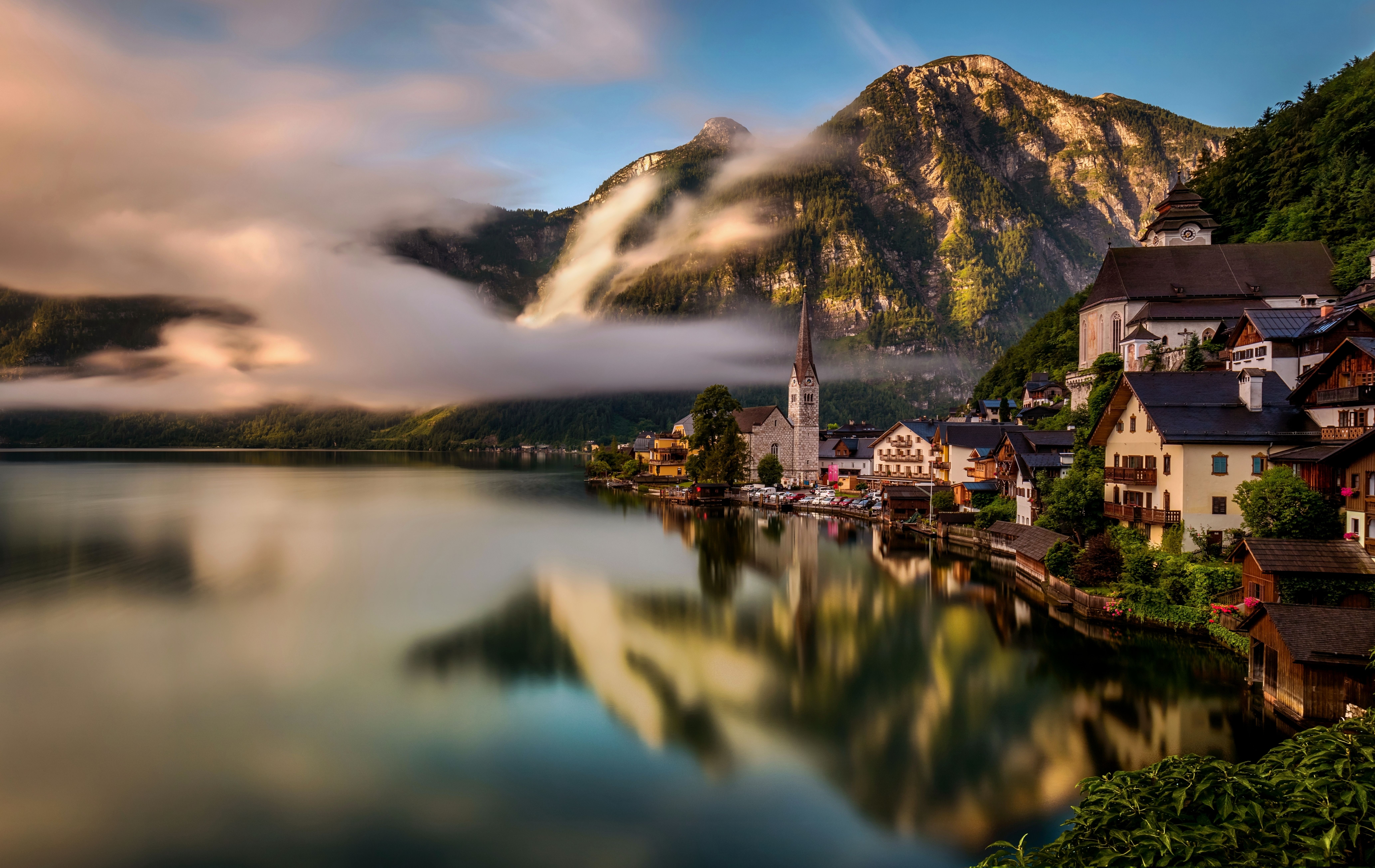 man made, hallstatt, austria, house, lake, mountain, reflection, towns
