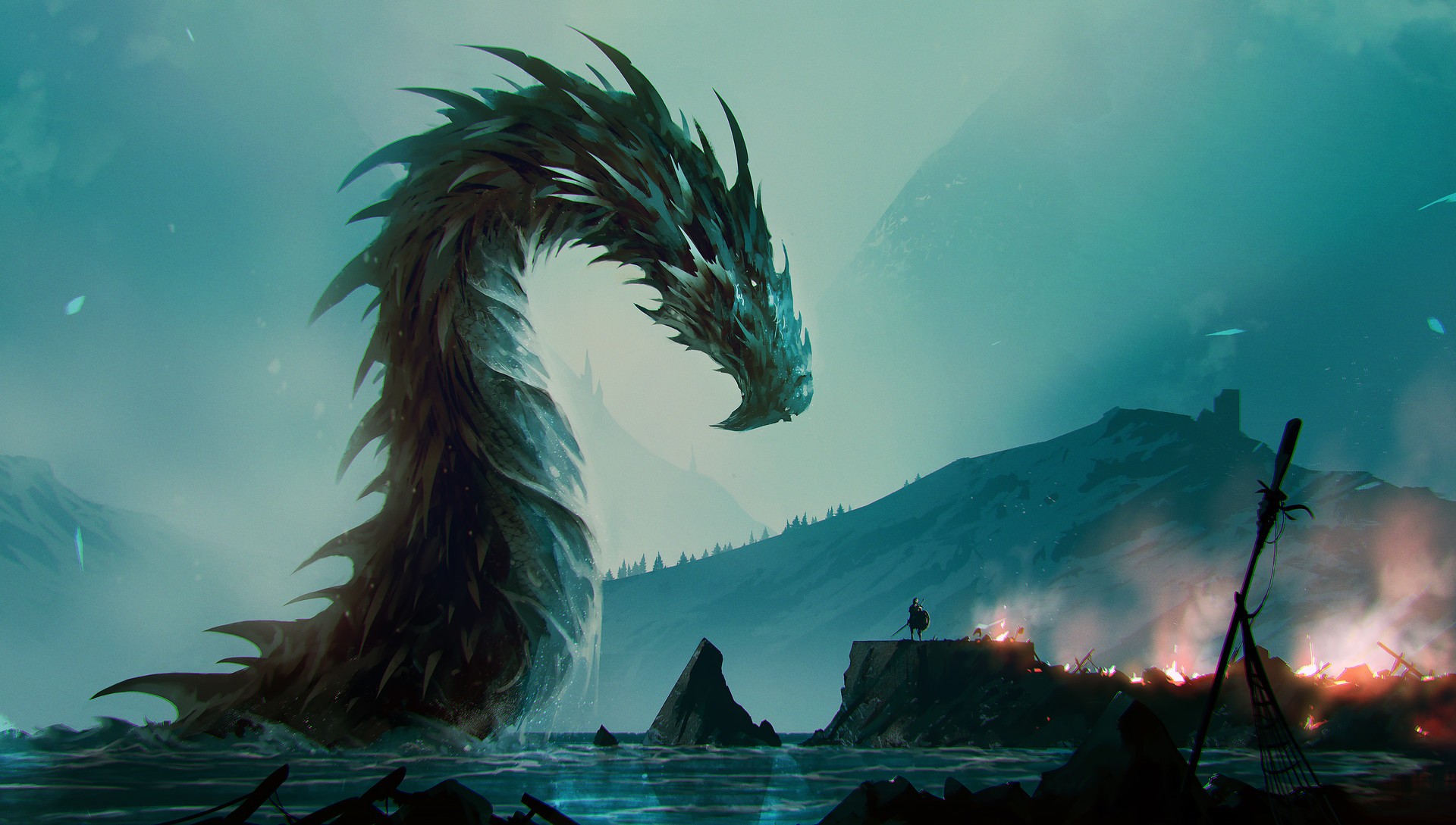 Free download wallpaper Fantasy, Shore, Warrior, Creature, Sea Monster on your PC desktop