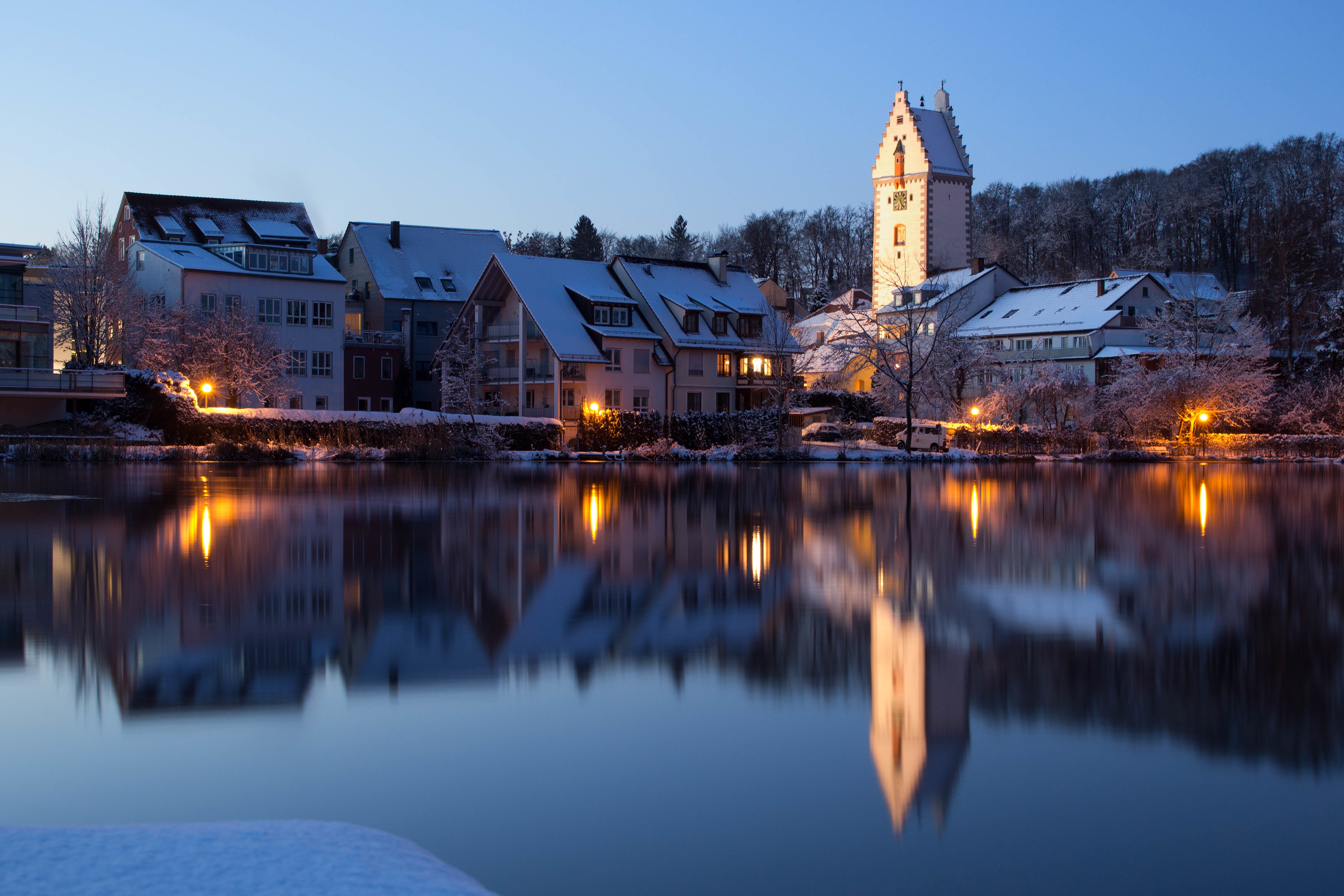 Download mobile wallpaper Winter, Building, Lake, Reflection, House, Tower, Germany, Town, Baden Württemberg, Man Made, Towns for free.