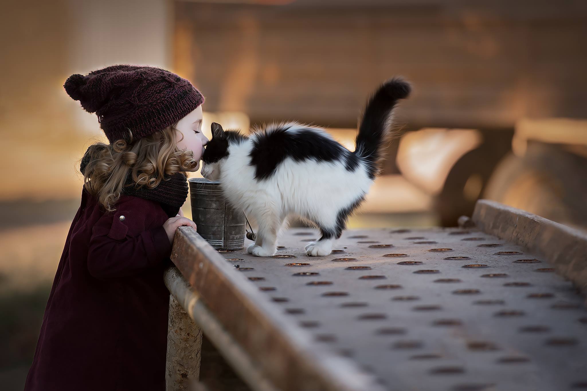 Download mobile wallpaper Cat, Child, Blonde, Hat, Photography, Little Girl for free.