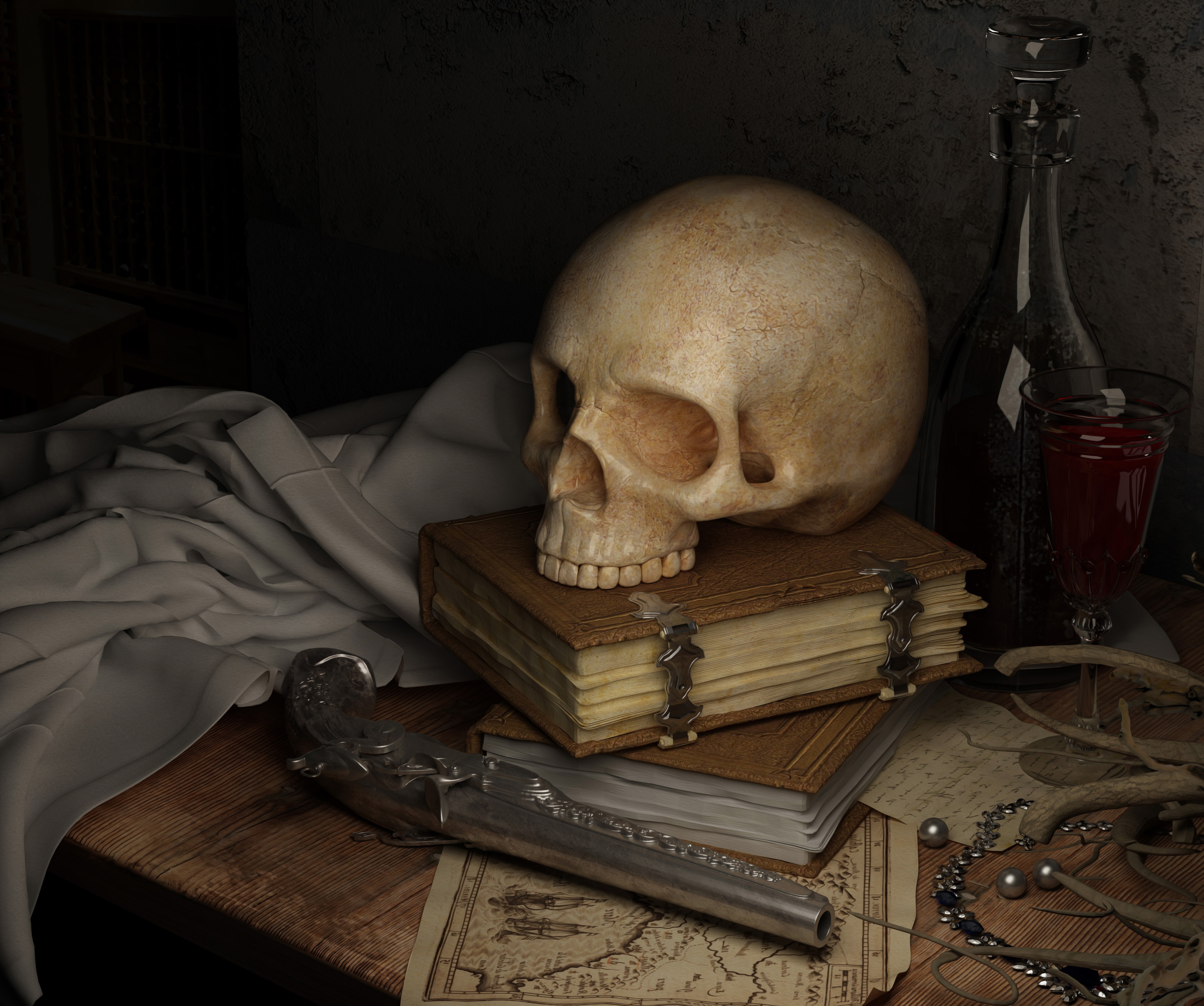 Download mobile wallpaper Still Life, Book, Skull, Photography, Gun, Pistol, Wine for free.