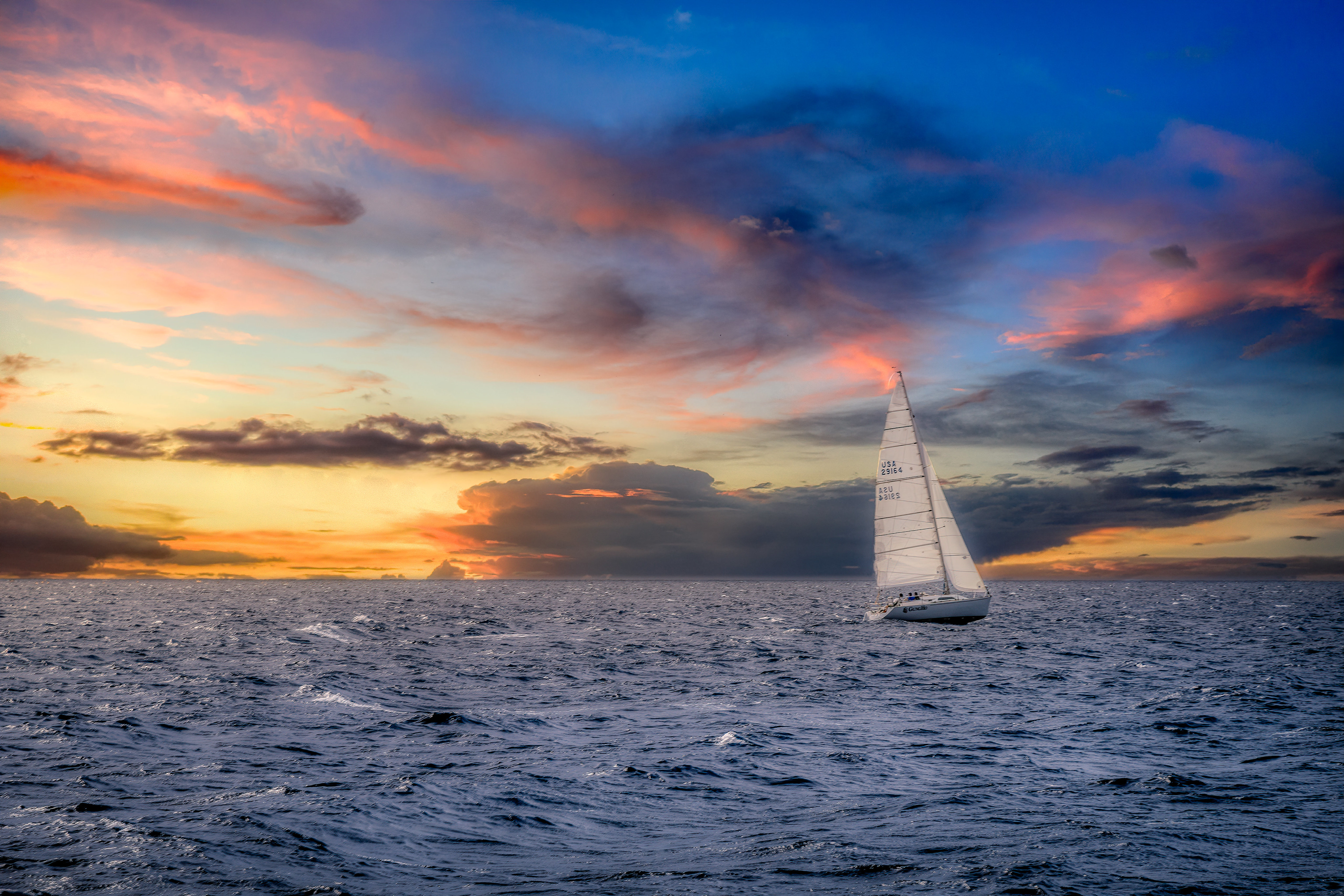 146354 Hintergrundbild herunterladen natur, sunset, sea, horizont, segelboot, sailfish - Bildschirmschoner und Bilder kostenlos