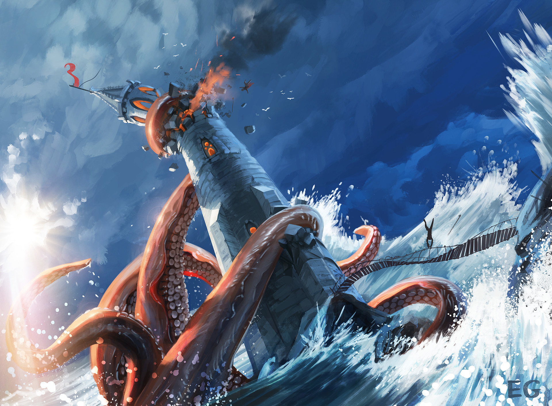 820905 descargar imagen fantasía, monstruo de mar, kraken, faro: fondos de pantalla y protectores de pantalla gratis