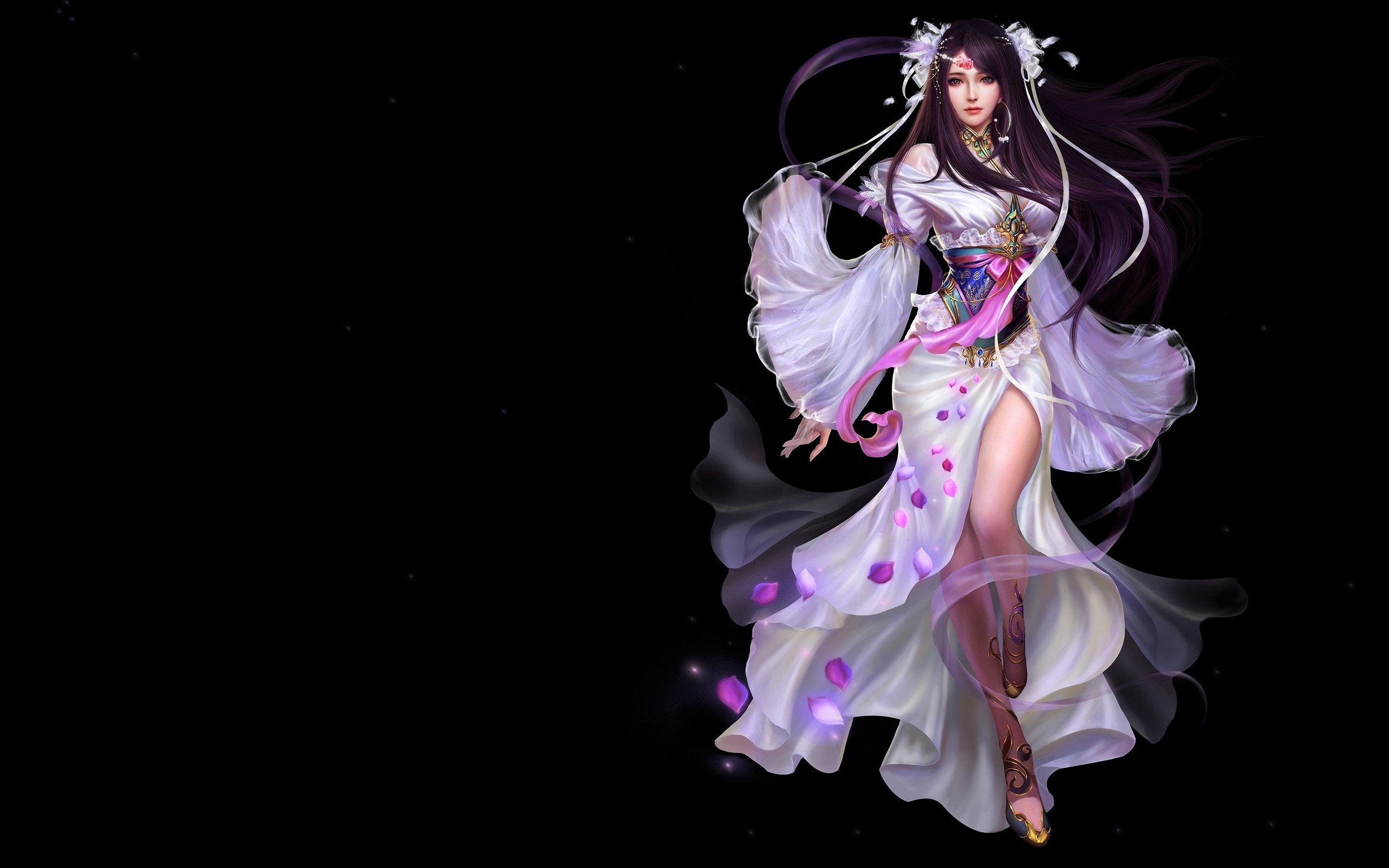 Download mobile wallpaper Fantasy, Petal, Oriental, Women, Long Hair, Purple Hair for free.