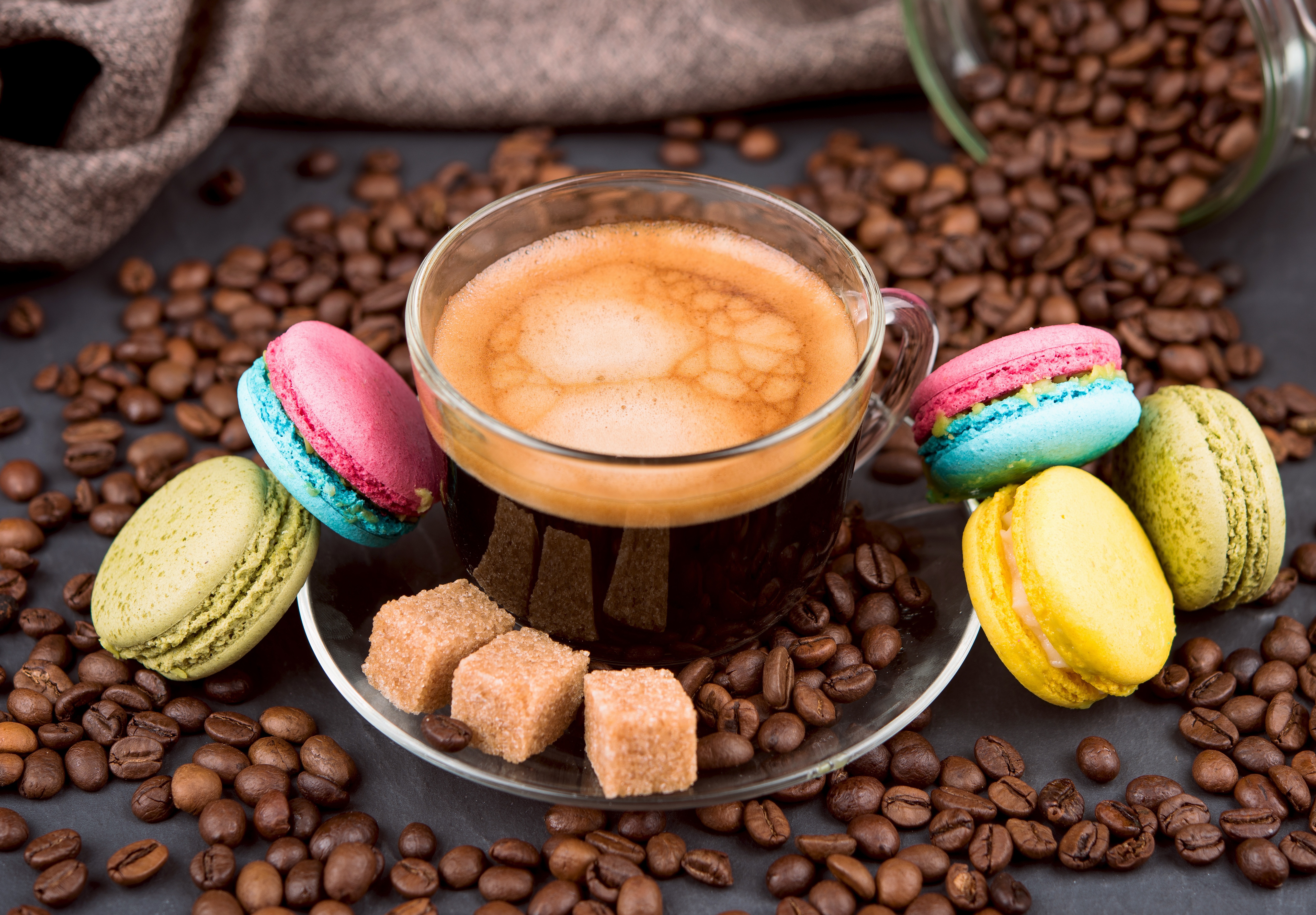Download mobile wallpaper Food, Coffee, Still Life, Cup, Coffee Beans, Sweets, Sugar, Macaron for free.