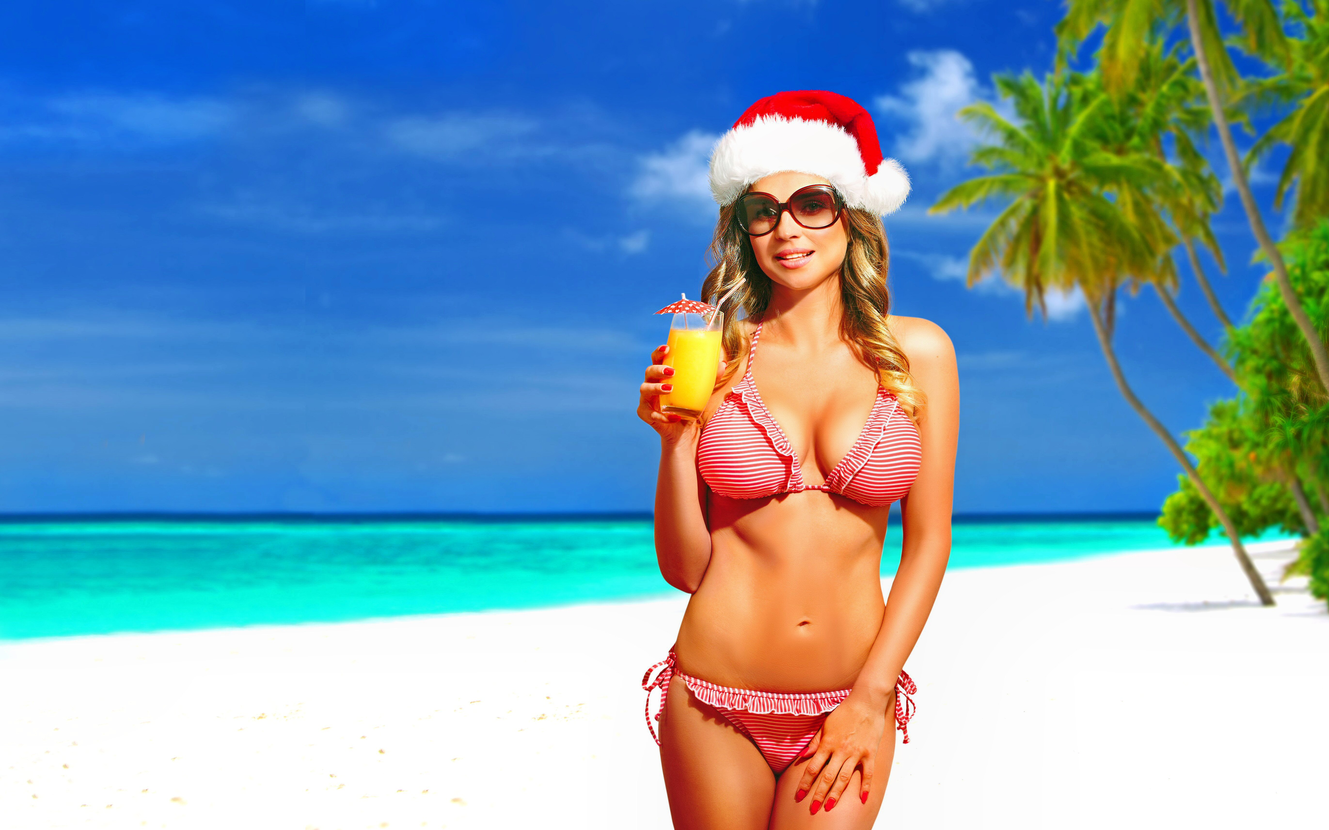 bikini, women, beautiful, cocktail, santa hat, sunglasses